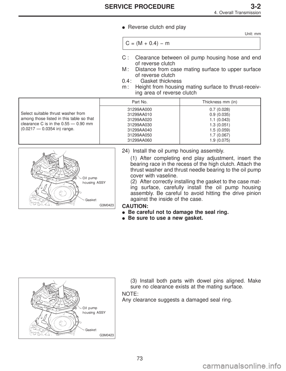 SUBARU LEGACY 1996  Service Repair Manual Reverse clutch end play
Unit: mm
C = (M + 0.4)�m
C : Clearance between oil pump housing hose and end
of reverse clutch
M : Distance from case mating surface to upper surface
of reverse clutch
0.4 : G