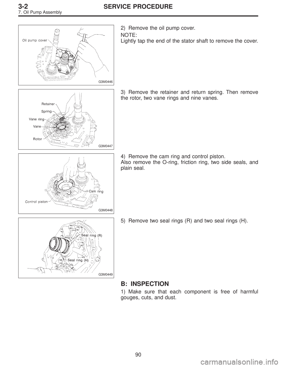 SUBARU LEGACY 1996  Service Repair Manual G3M0446
2) Remove the oil pump cover.
NOTE:
Lightly tap the end of the stator shaft to remove the cover.
G3M0447
3) Remove the retainer and return spring. Then remove
the rotor, two vane rings and nin