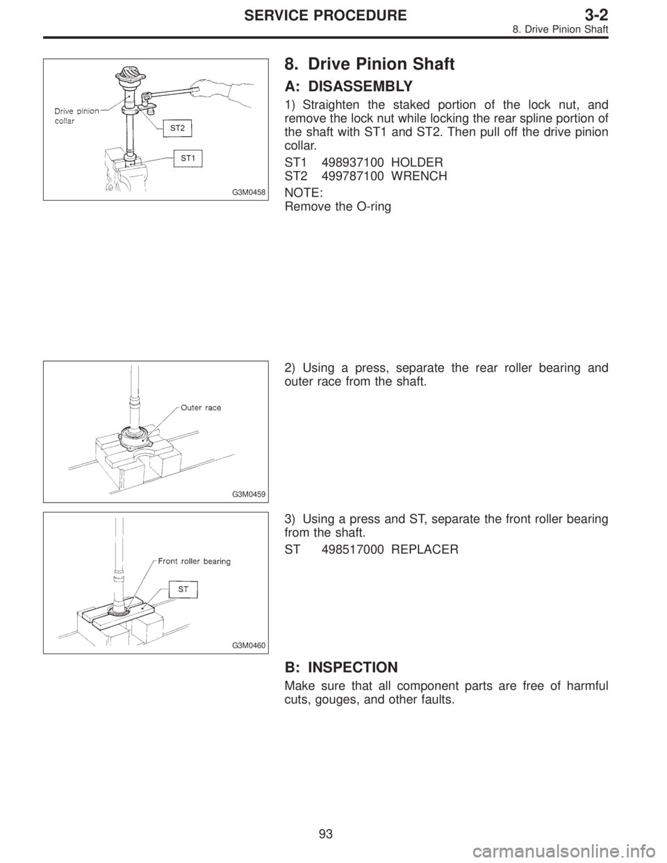 SUBARU LEGACY 1996  Service Repair Manual G3M0458
8. Drive Pinion Shaft
A: DISASSEMBLY
1) Straighten the staked portion of the lock nut, and
remove the lock nut while locking the rear spline portion of
the shaft with ST1 and ST2. Then pull of