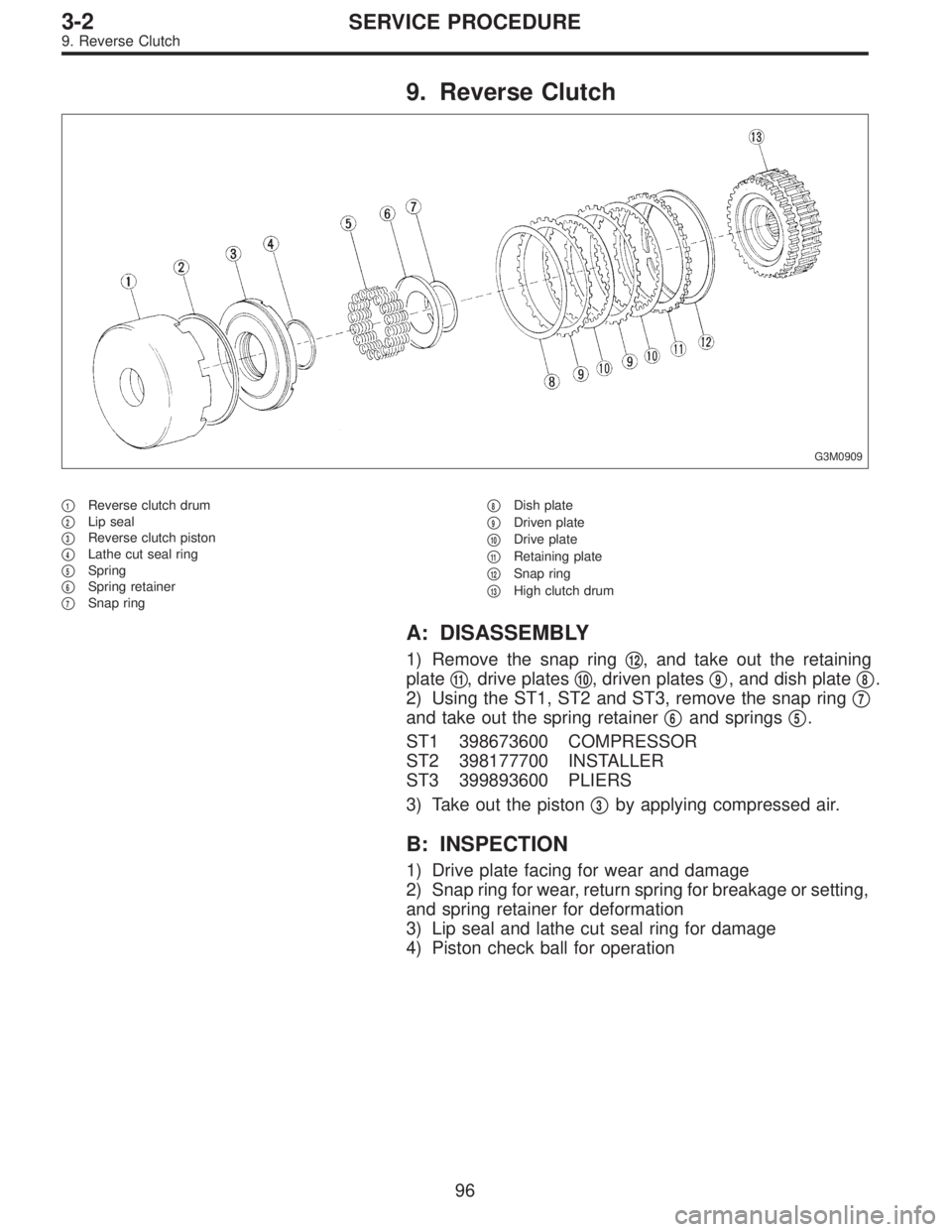 SUBARU LEGACY 1996  Service Repair Manual 9. Reverse Clutch
G3M0909
1Reverse clutch drum

2Lip seal

3Reverse clutch piston

4Lathe cut seal ring

5Spring

6Spring retainer

7Snap ring
8Dish plate

9Driven plate

10Drive plate

11R