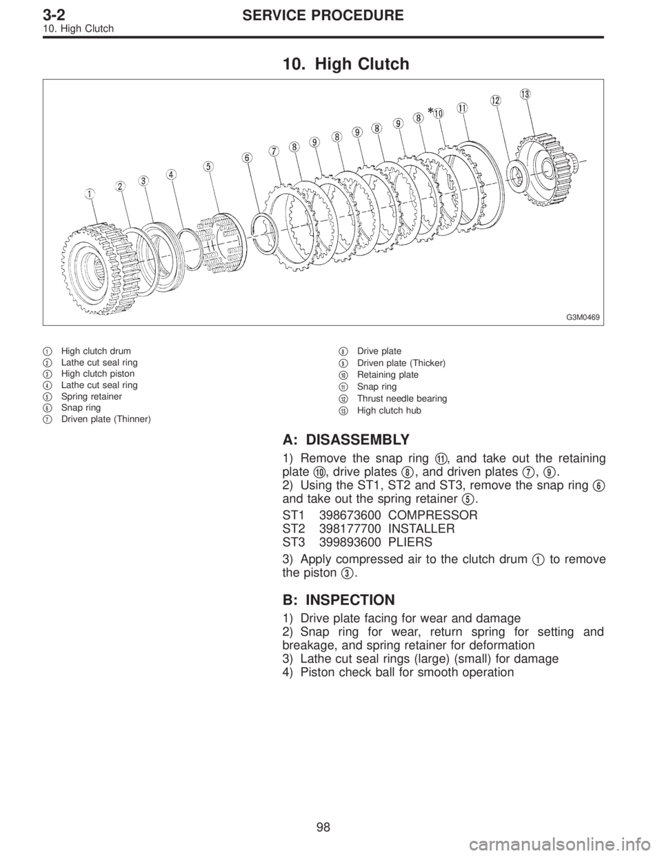 SUBARU LEGACY 1996  Service Repair Manual 10. High Clutch
G3M0469
1High clutch drum

2Lathe cut seal ring

3High clutch piston

4Lathe cut seal ring

5Spring retainer

6Snap ring

7Driven plate (Thinner)
8Drive plate

9Driven plate (