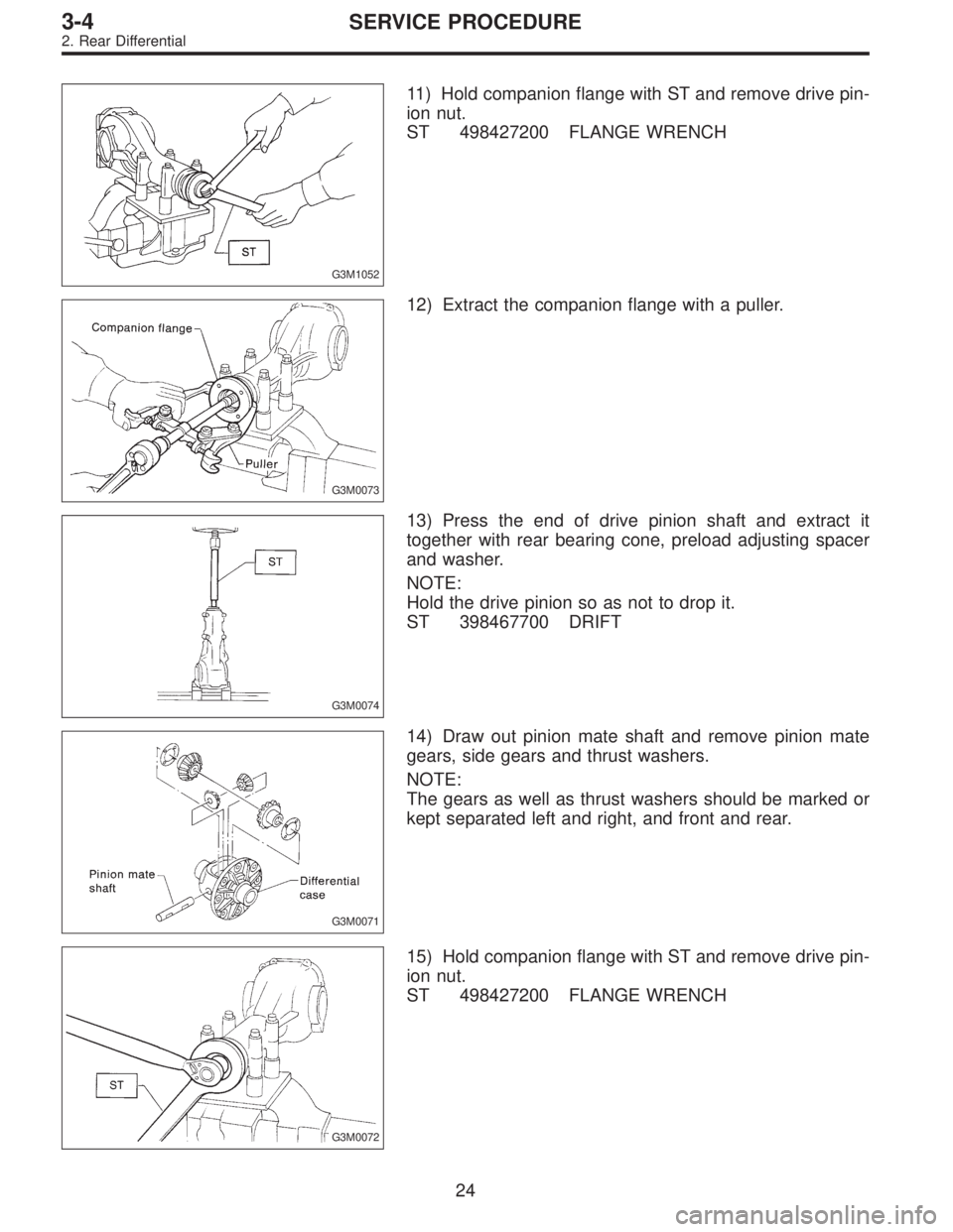 SUBARU LEGACY 1996  Service Repair Manual G3M1052
11) Hold companion flange with ST and remove drive pin-
ion nut.
ST 498427200 FLANGE WRENCH
G3M0073
12) Extract the companion flange with a puller.
G3M0074
13) Press the end of drive pinion sh