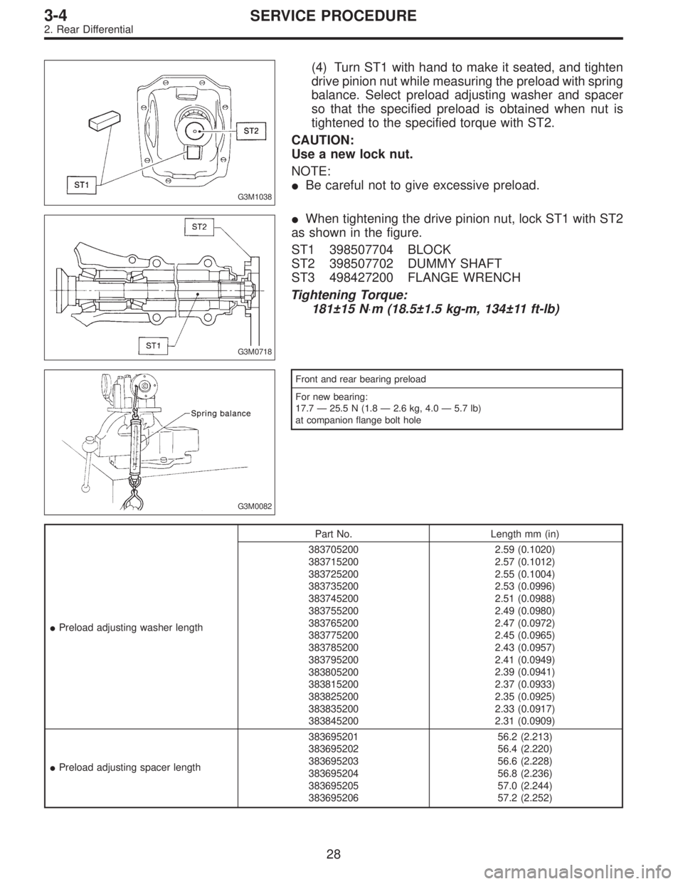 SUBARU LEGACY 1996 Service Repair Manual G3M1038
(4) Turn ST1 with hand to make it seated, and tighten
drive pinion nut while measuring the preload with spring
balance. Select preload adjusting washer and spacer
so that the specified preload SUBARU LEGACY 1996 Service Repair Manual G3M1038
(4) Turn ST1 with hand to make it seated, and tighten
drive pinion nut while measuring the preload with spring
balance. Select preload adjusting washer and spacer
so that the specified preload