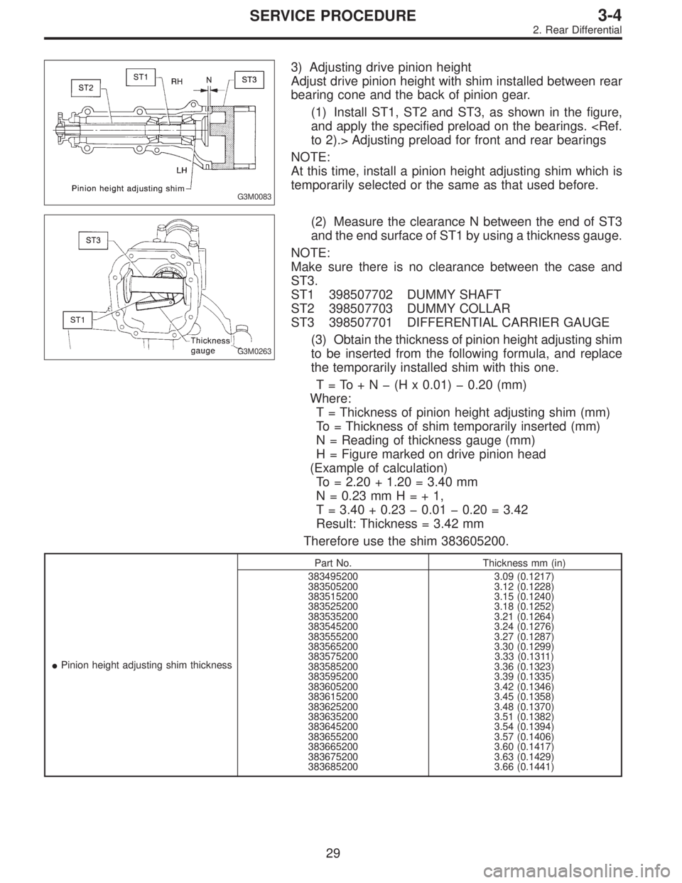 SUBARU LEGACY 1996 Service Repair Manual G3M0083
3) Adjusting drive pinion height
Adjust drive pinion height with shim installed between rear
bearing cone and the back of pinion gear.
(1) Install ST1, ST2 and ST3, as shown in the figure,
and SUBARU LEGACY 1996 Service Repair Manual G3M0083
3) Adjusting drive pinion height
Adjust drive pinion height with shim installed between rear
bearing cone and the back of pinion gear.
(1) Install ST1, ST2 and ST3, as shown in the figure,
and