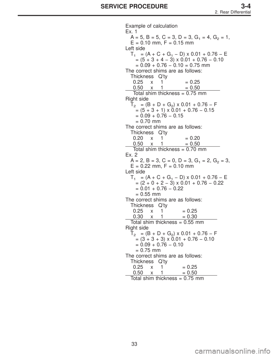 SUBARU LEGACY 1996  Service Repair Manual Example of calculation
Ex. 1
A=5,B=5,C=3,D=3,G
1=4,G2=1,
E = 0.10 mm, F = 0.15 mm
Left side
T
1=(A+C+G1�D) x 0.01 + 0.76�E
=(5+3+4�3) x 0.01 + 0.76�0.10
= 0.09 + 0.76�0.10 = 0.75 mm
The correct shims 