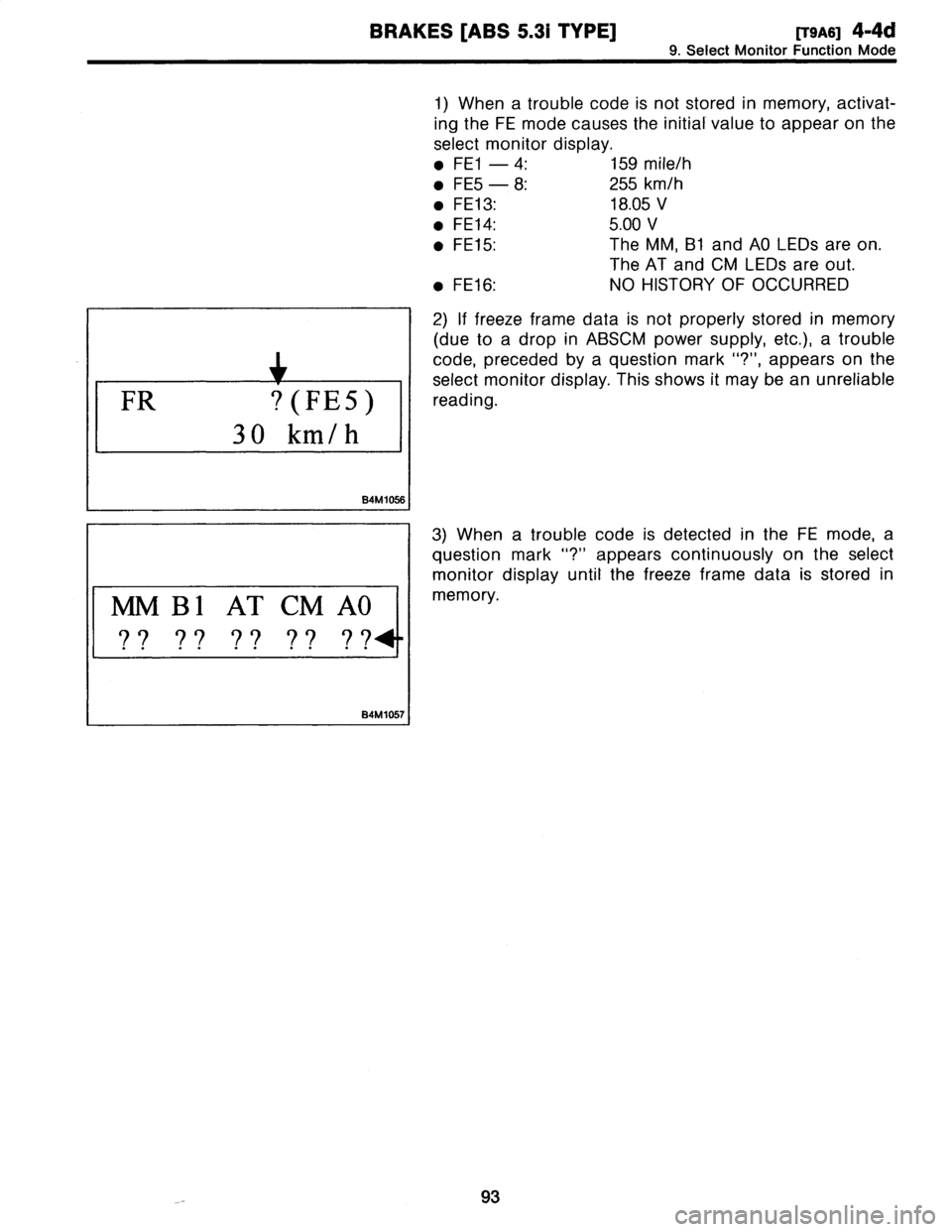 SUBARU LEGACY 1997  Service Repair Manual 
BRAKES
[ABS
5
.31
TYPE]
[T9A6]
4-4d

9
.
Select
Monitor
Function
Mode

1)
When
a
trouble
code
is
not
stored
in
memory,
activat-

ingthe
FE
mode
causes
the
initial
value
to
appear
on
the

select
monit
