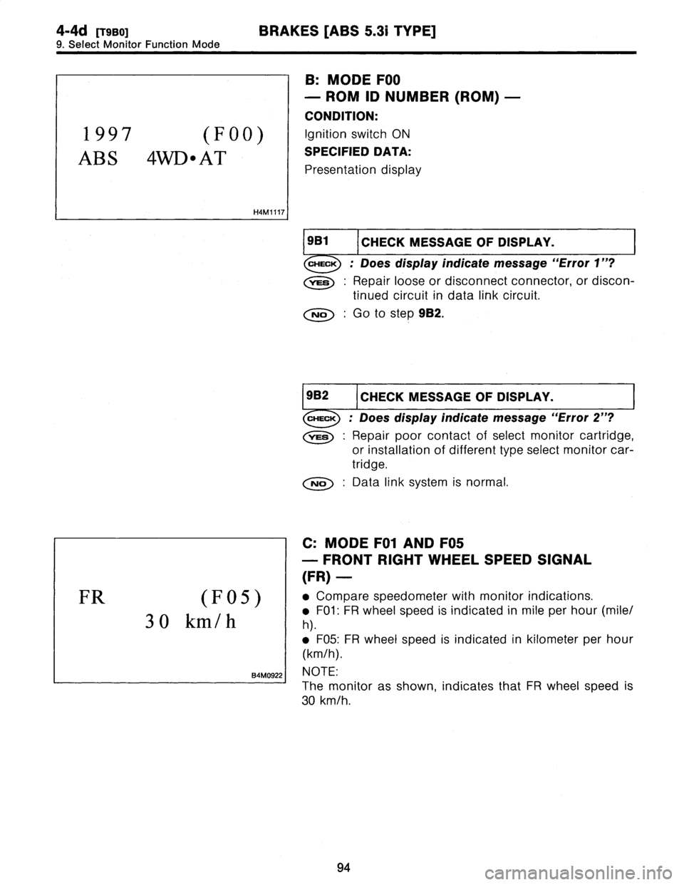 SUBARU LEGACY 1997  Service Repair Manual 
4-4d[T9B0]
BRAKES
[ABS
5
.31
TYPE]

9
.
Select
Monitor
Function
Mode

1997
(F00)

AB
S
4WD
"
AT

H4M1117

B
:
MODE
F00

-
ROM
ID
NUMBER
(ROM)
-

CONDITION
:

Ignition
switch
ON

SPECIFIED
DATA
:
