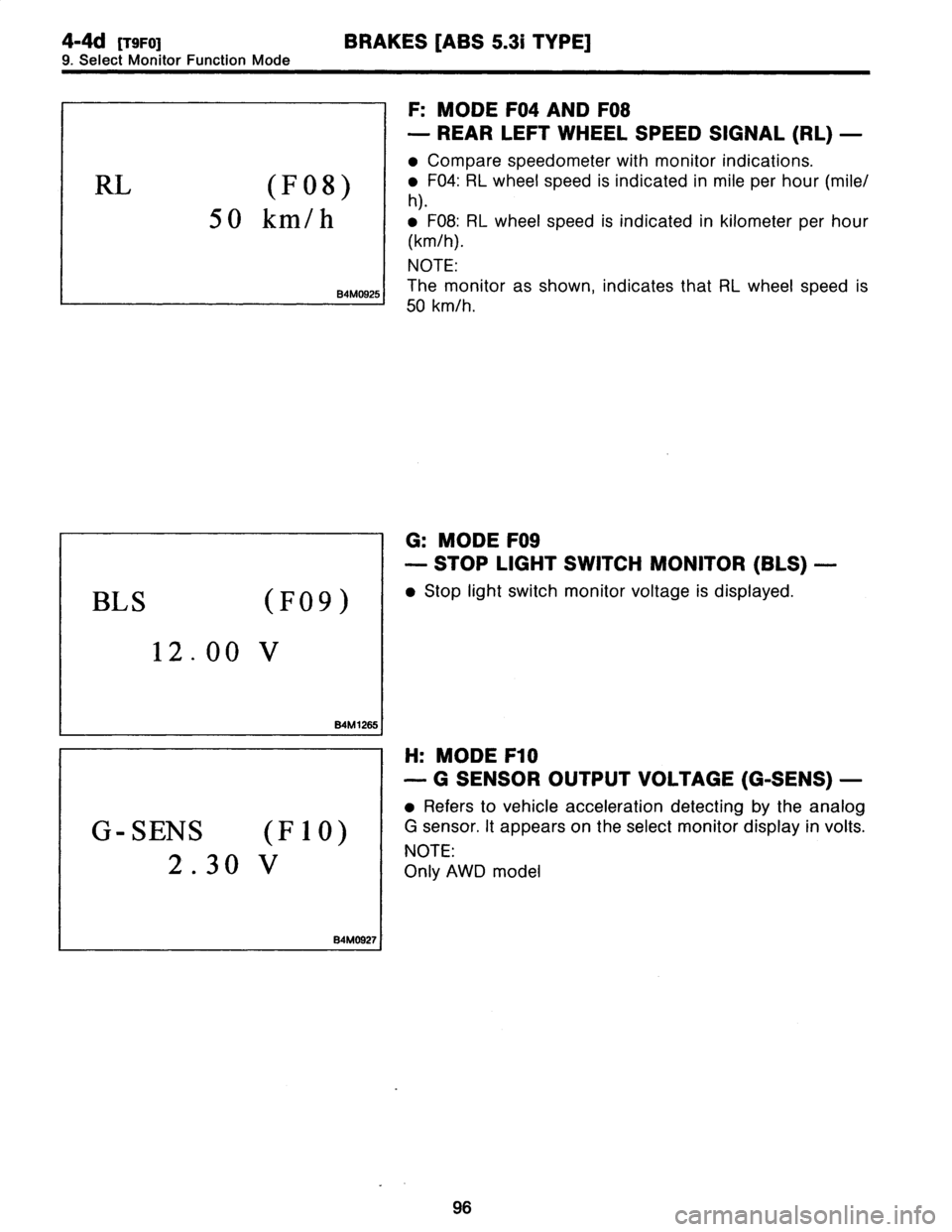 SUBARU LEGACY 1997  Service Repair Manual 
4-4d
[T9F0]
BRAKES
[ABS
5
.3i
TYPE]
9
.
Select
Monitor
Function
Mode

RL
(F08)

50
km/h

B4M0925

BLS
(FQ9)

12
.00
V

B4M1265

G-SENS
(F
10)
2
.30
V

B4M0927I

F
:
MODE
F04
AND
F08

-
REAR
LEFT
WHEE