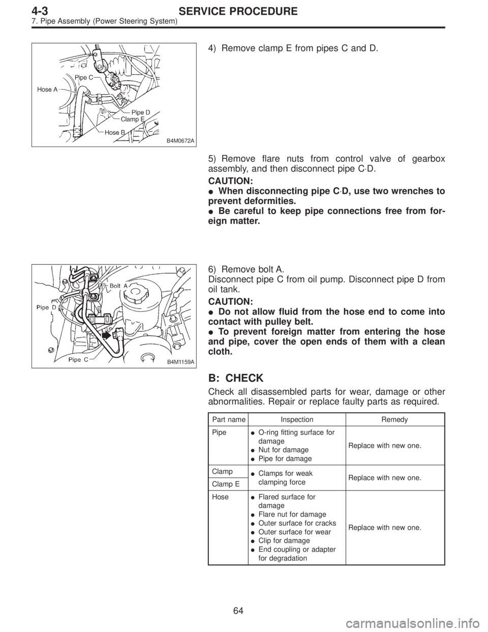 SUBARU LEGACY 1997 Service Repair Manual B4M0672A
4) Remove clamp E from pipes C and D.
5) Remove flare nuts from control valve of gearbox
assembly, and then disconnect pipe C⋅D.
CAUTION:
When disconnecting pipe C⋅D, use two wrenches to SUBARU LEGACY 1997 Service Repair Manual B4M0672A
4) Remove clamp E from pipes C and D.
5) Remove flare nuts from control valve of gearbox
assembly, and then disconnect pipe C⋅D.
CAUTION:
When disconnecting pipe C⋅D, use two wrenches to