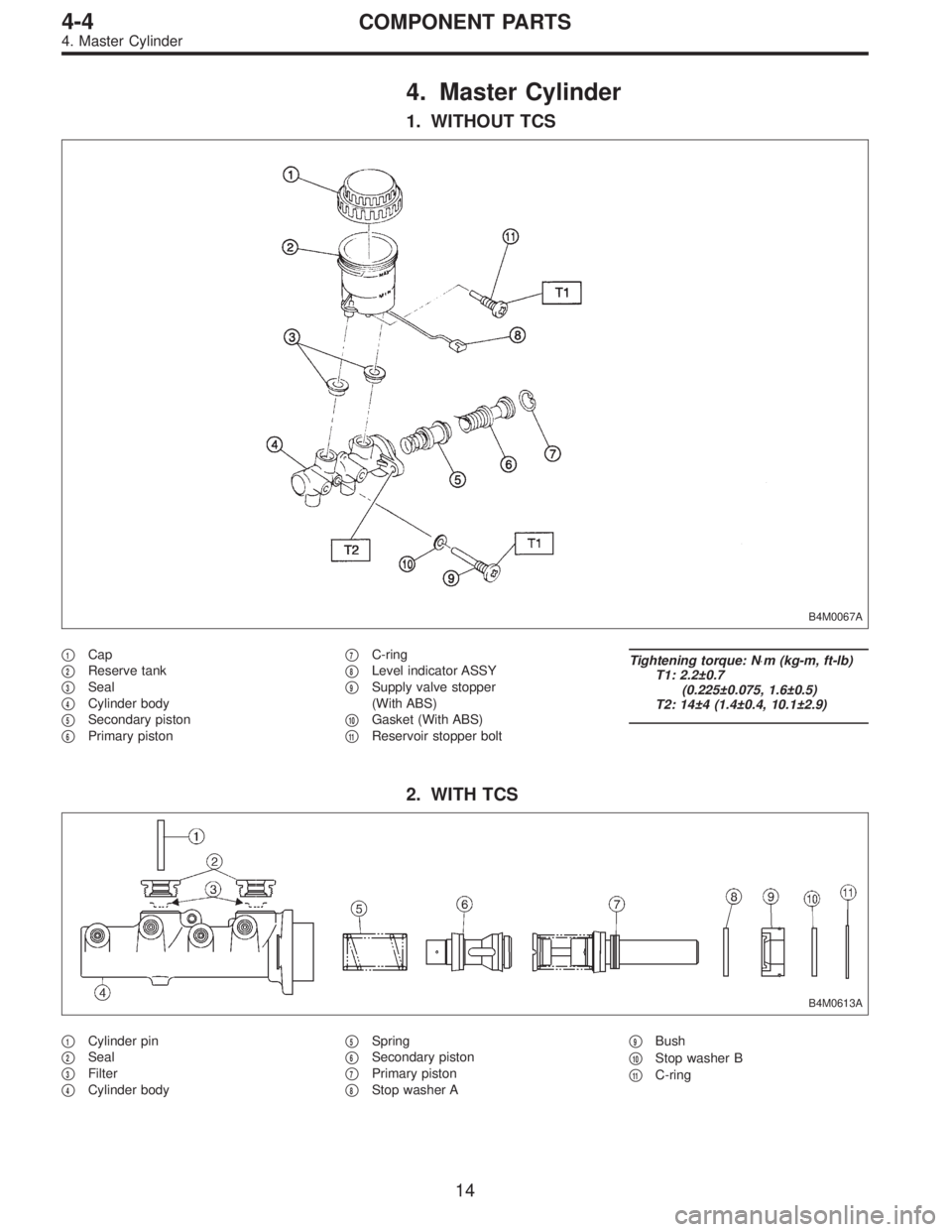 SUBARU LEGACY 1997  Service Repair Manual 4. Master Cylinder
1. WITHOUT TCS
B4M0067A
1Cap

2Reserve tank

3Seal

4Cylinder body

5Secondary piston

6Primary piston
7C-ring

8Level indicator ASSY

9Supply valve stopper
(With ABS)

10