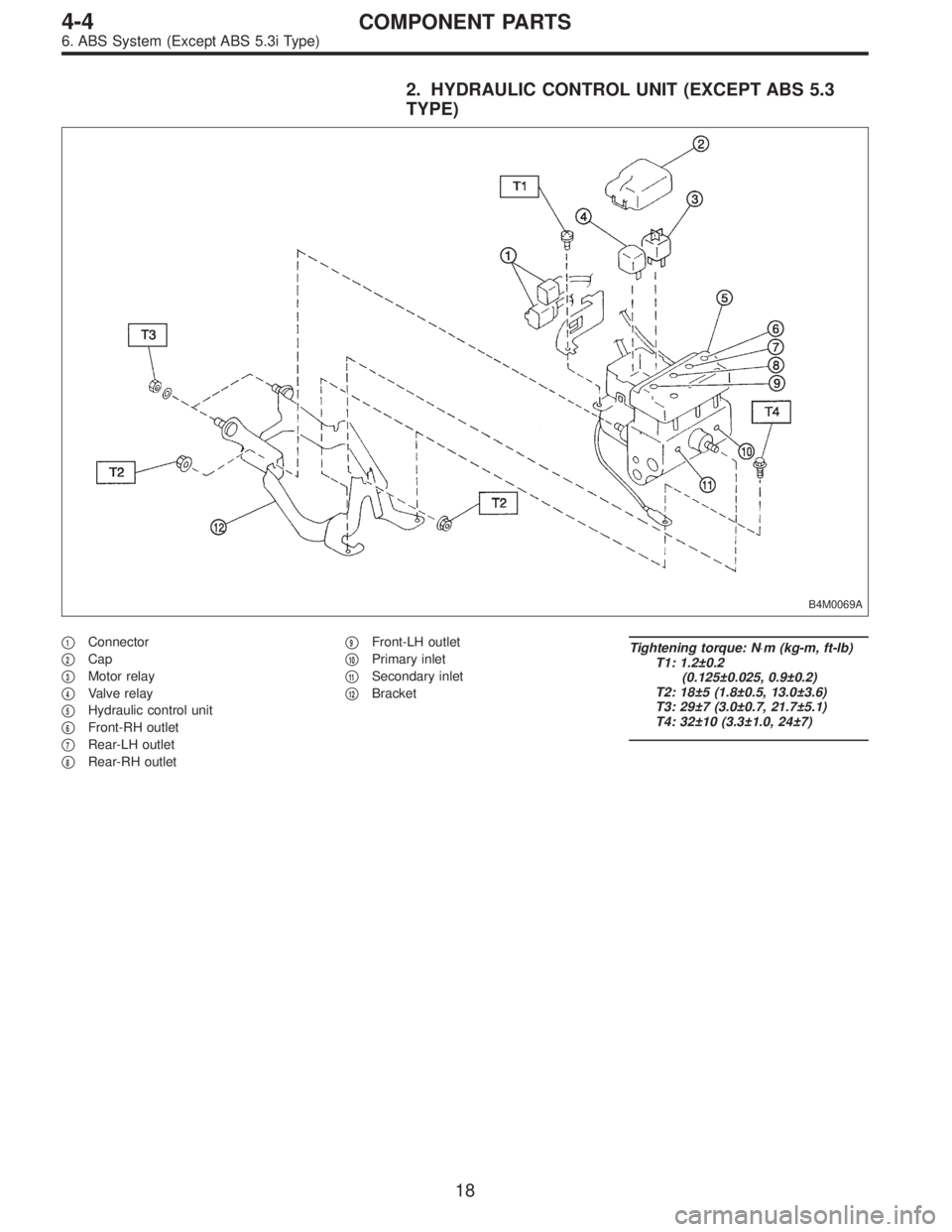 SUBARU LEGACY 1997  Service Repair Manual 2. HYDRAULIC CONTROL UNIT (EXCEPT ABS 5.3
TYPE)
B4M0069A
1Connector

2Cap

3Motor relay

4Valve relay

5Hydraulic control unit

6Front-RH outlet

7Rear-LH outlet

8Rear-RH outlet
9Front-LH ou