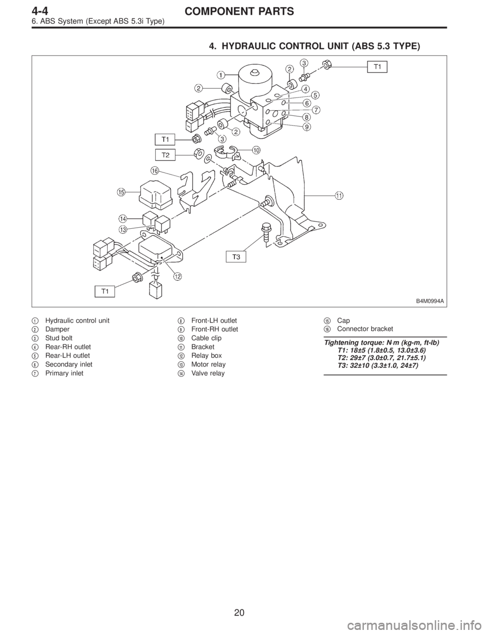 SUBARU LEGACY 1997  Service Repair Manual 4. HYDRAULIC CONTROL UNIT (ABS 5.3 TYPE)
B4M0994A
1Hydraulic control unit

2Damper

3Stud bolt

4Rear-RH outlet

5Rear-LH outlet

6Secondary inlet

7Primary inlet
8Front-LH outlet

9Front-RH 