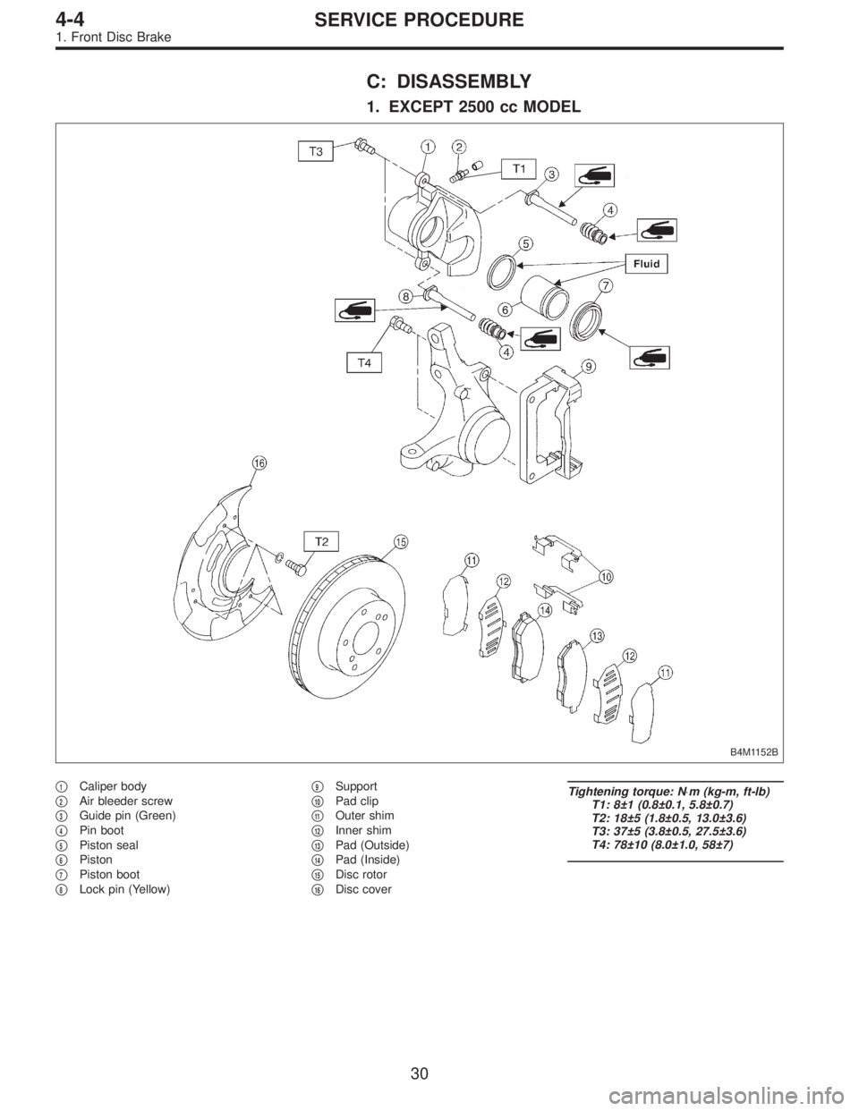 SUBARU LEGACY 1997  Service Repair Manual C: DISASSEMBLY
1. EXCEPT 2500 cc MODEL
B4M1152B
1Caliper body

2Air bleeder screw

3Guide pin (Green)

4Pin boot

5Piston seal

6Piston

7Piston boot

8Lock pin (Yellow)
9Support

10Pad clip