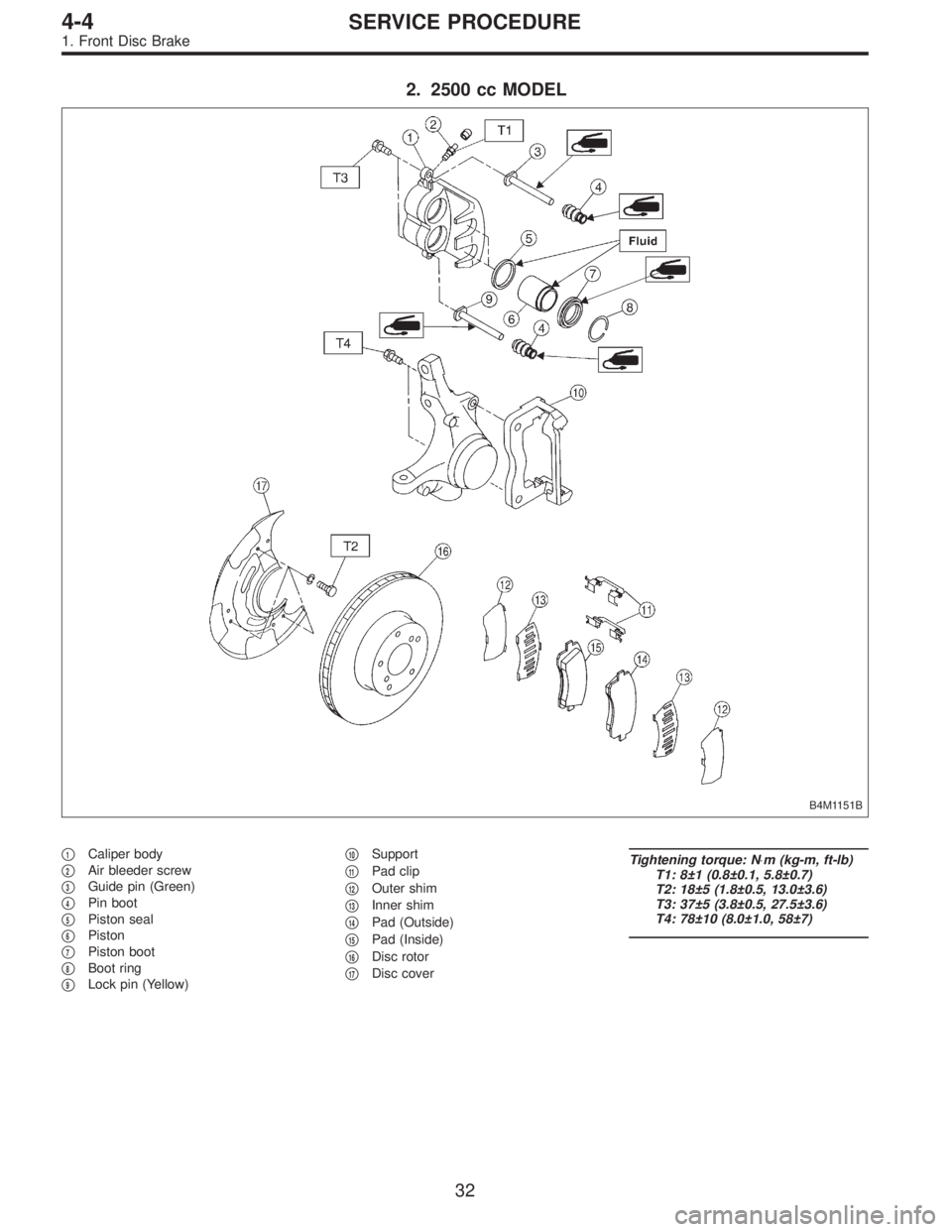 SUBARU LEGACY 1997  Service Repair Manual 2. 2500 cc MODEL
B4M1151B
1Caliper body

2Air bleeder screw

3Guide pin (Green)

4Pin boot

5Piston seal

6Piston

7Piston boot

8Boot ring

9Lock pin (Yellow)
10Support

11Pad clip

12Out