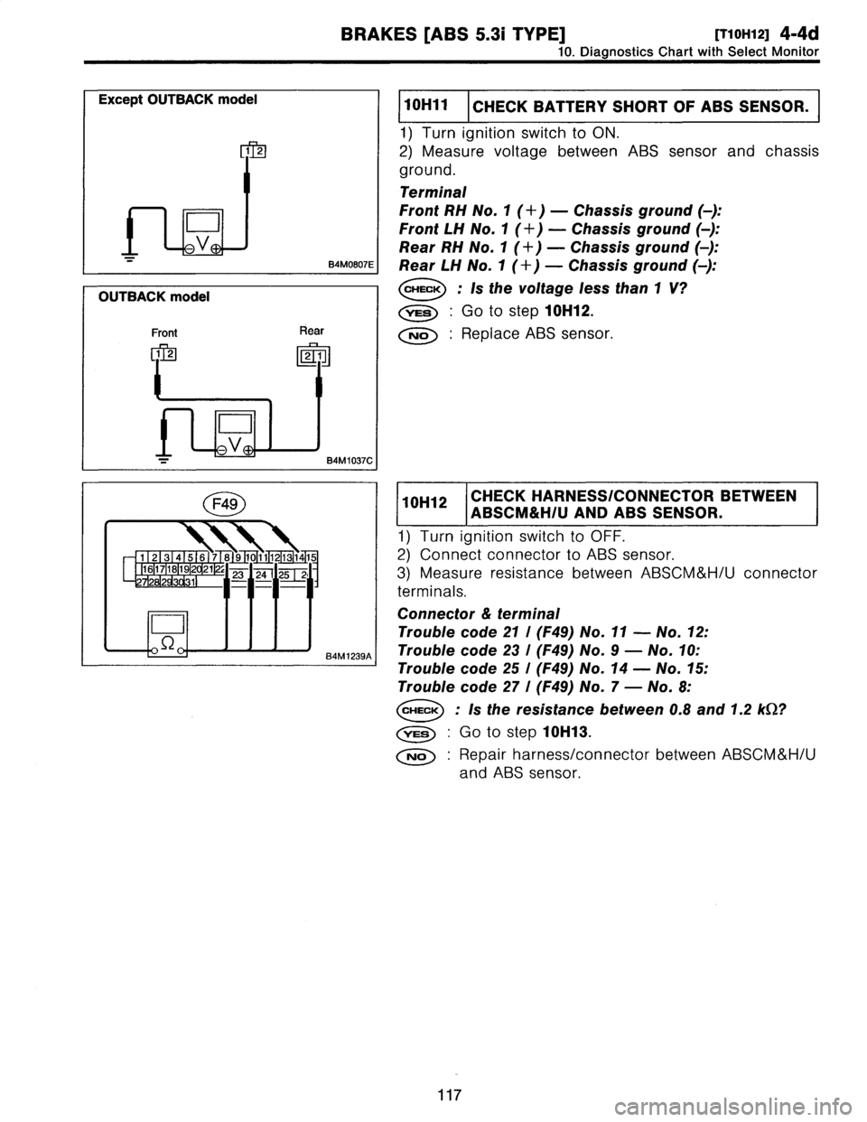 SUBARU LEGACY 1997  Service Repair Manual 
BRAKES
[ABS
5
.3i
TYPE]
[710H12]
4-4d

10
.
Diagnostics
Chart
with
Select
Monitor

Except
OUTBACK
model

1
2

0

L
EV
B4M0807E

OUTBACK
model

Front
hear

2
1

D

-
B4M1037C

11
I
CHECK
BATTERY
SHORT