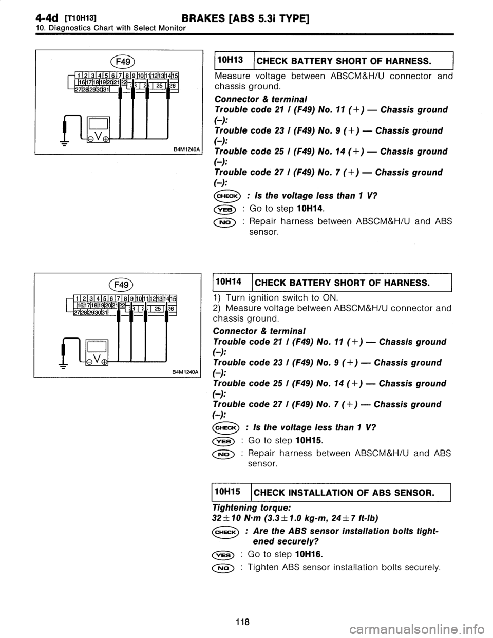 SUBARU LEGACY 1997  Service Repair Manual 
4-4d
[r1oHy3l
BRAKES
[ABS
5
.31
TYPE]
10
.
Diagnostics
Chart
withSelect
Monitor
F49

B4M1240A
I

I

-

r10H13
CHECK
BATTERY
SHORT
OFHARNESS
.

Measure
voltage
between
ABSCM&H/U
connector
and

chassis
