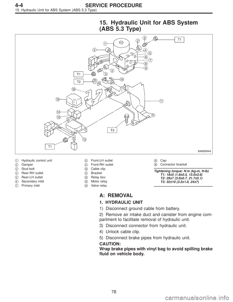 SUBARU LEGACY 1997  Service Repair Manual 15. Hydraulic Unit for ABS System
(ABS 5.3 Type)
B4M0994A
1Hydraulic control unit

2Damper

3Stud bolt

4Rear-RH outlet

5Rear-LH outlet

6Secondary inlet

7Primary inlet
8Front-LH outlet

9F