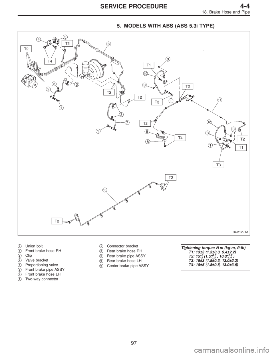 SUBARU LEGACY 1997  Service Repair Manual 5. MODELS WITH ABS (ABS 5.3i TYPE)
B4M1221A
1Union bolt

2Front brake hose RH

3Clip

4Valve bracket

5Proportioning valve

6Front brake pipe ASSY

7Front brake hose LH

8Two-way connector
9C
