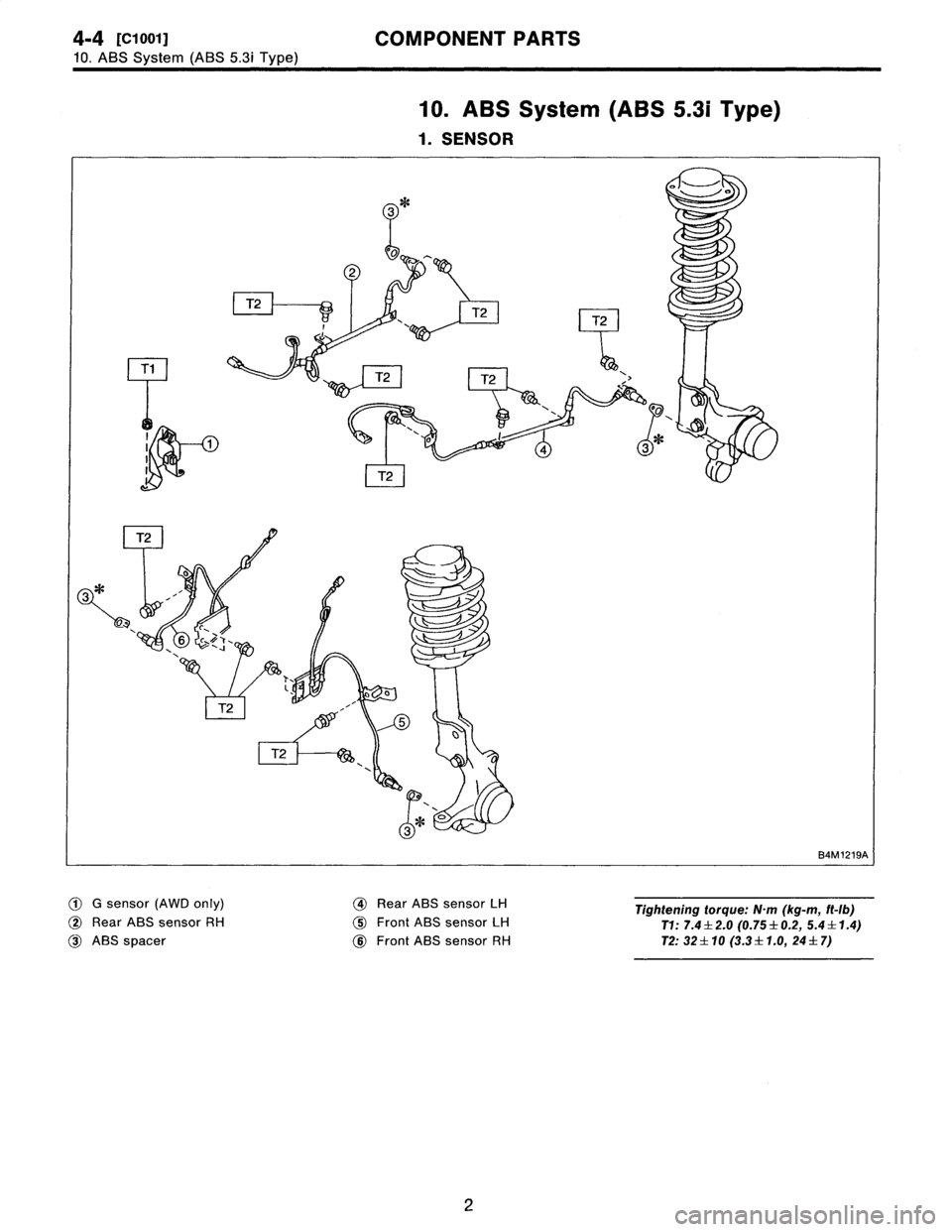 SUBARU LEGACY 1997  Service Repair Manual 4-4
[ciooi1
COMPONENT
PARTS

10
.
ABS
System
(ABS
5
.3i
Type)

10
.
ABS
System
(ABS
5
.31
Type)

1
.
SENSOR

3

so

2

T2T2
T2

T1
~
T2T2
`>

I
43
~
t

T2

T2

o

Kow

6

T
.l
o

T2

o

T2

3

B4M
121