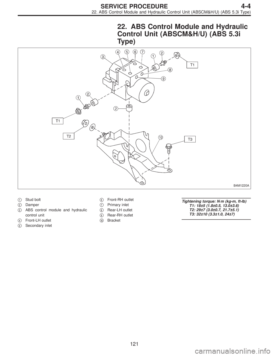 SUBARU LEGACY 1997  Service Repair Manual 22. ABS Control Module and Hydraulic
Control Unit (ABSCM&H/U) (ABS 5.3i
Type)
B4M1220A
1Stud bolt

2Damper

3ABS control module and hydraulic
control unit

4Front-LH outlet

5Secondary inlet
6Fr