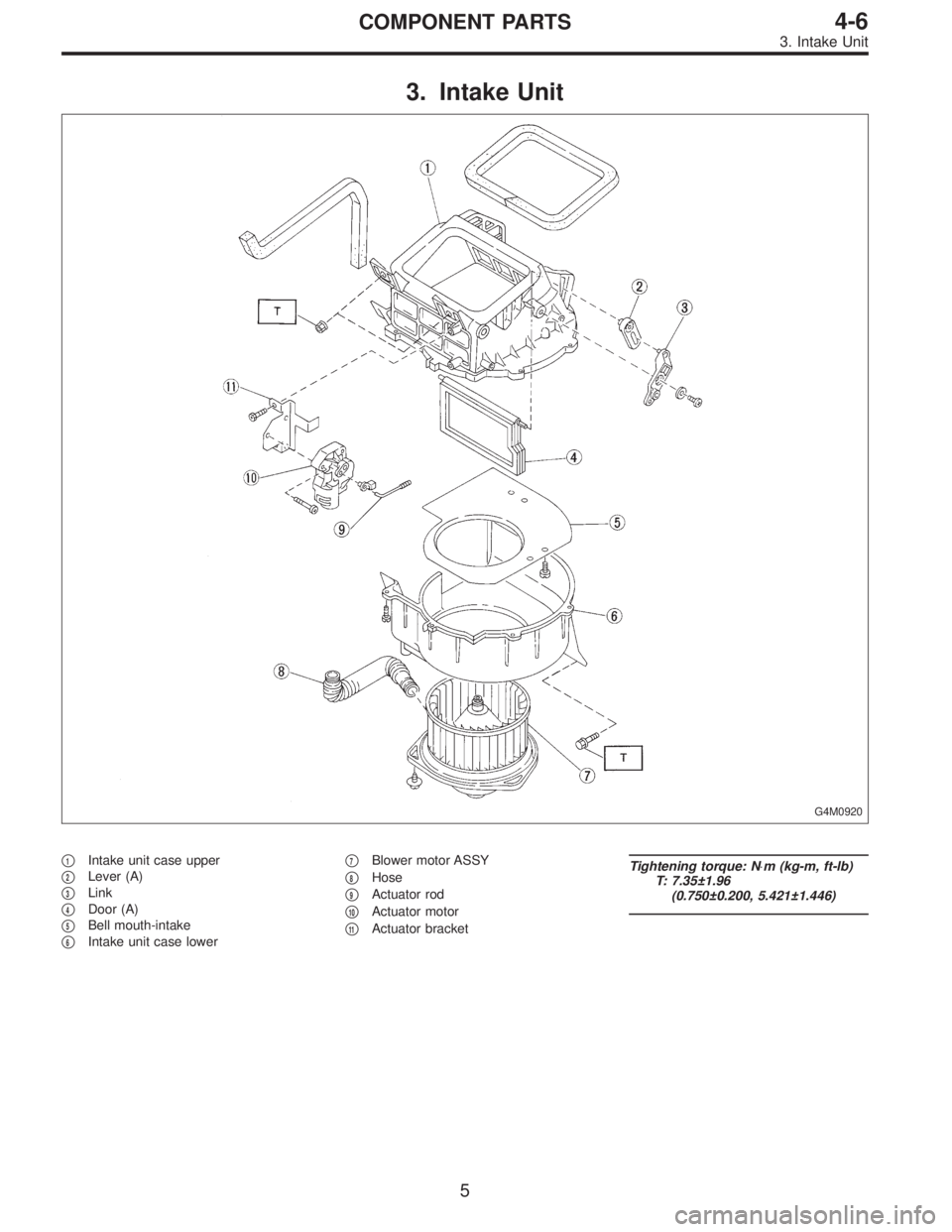 SUBARU LEGACY 1997  Service Repair Manual 3. Intake Unit
G4M0920
1Intake unit case upper

2Lever (A)

3Link

4Door (A)

5Bell mouth-intake

6Intake unit case lower
7Blower motor ASSY

8Hose

9Actuator rod

10Actuator motor

11Actua