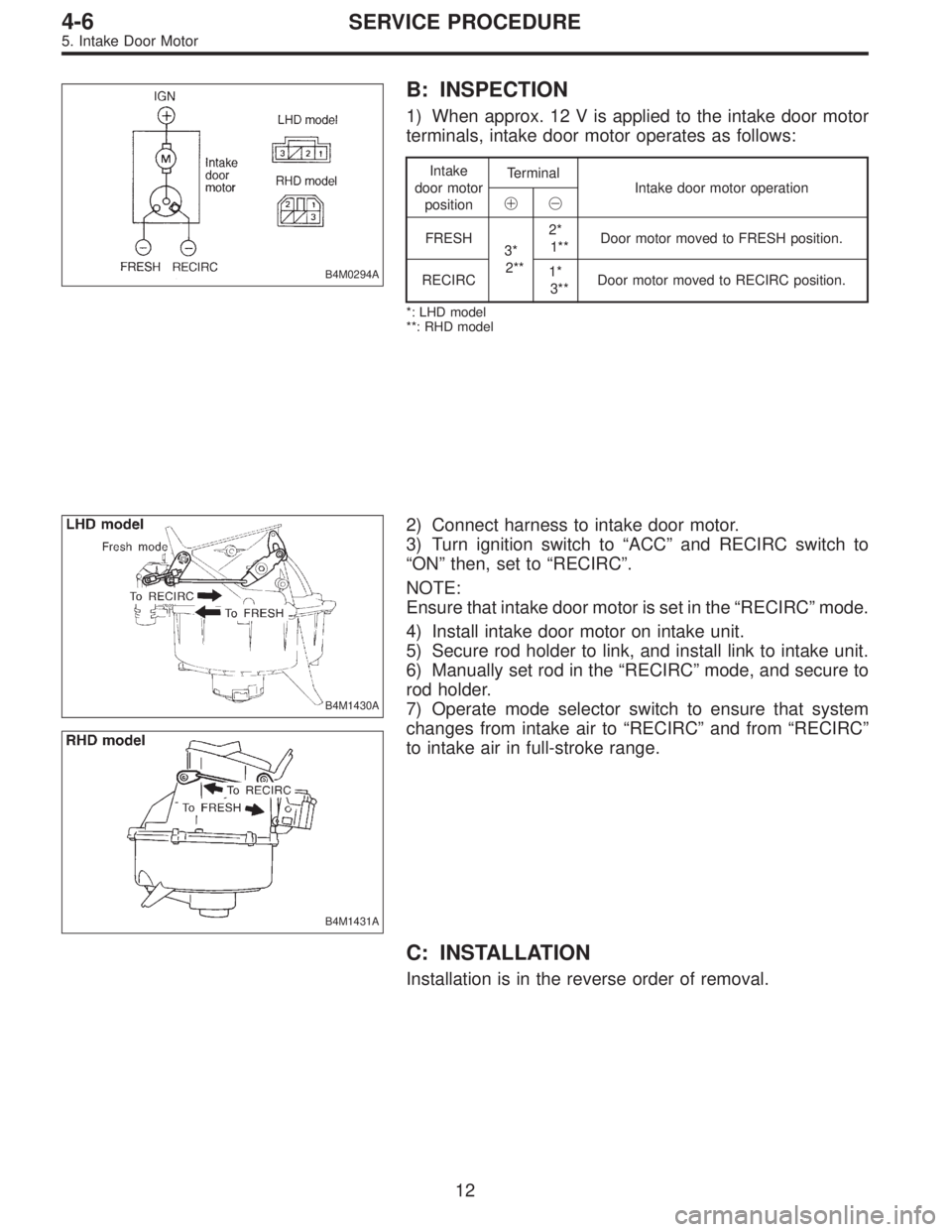 SUBARU LEGACY 1997  Service Repair Manual B4M0294A
B: INSPECTION
1) When approx. 12 V is applied to the intake door motor
terminals, intake door motor operates as follows:
Intake
door motor
positionTerminal
Intake door motor operation

FRES