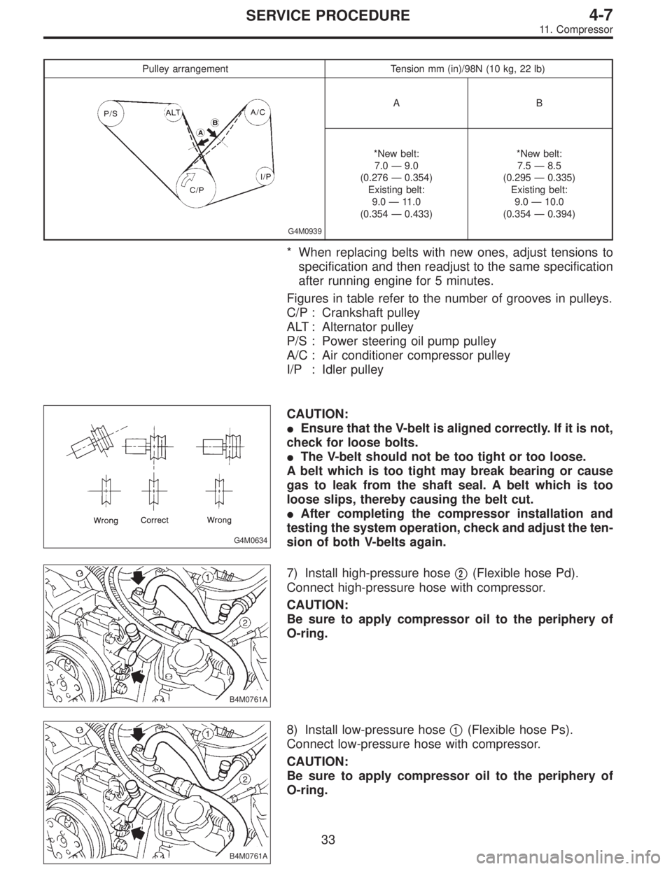 SUBARU LEGACY 1997 Service Repair Manual Pulley arrangement Tension mm (in)/98N (10 kg, 22 lb)
G4M0939
AB
*New belt:
7.0—9.0
(0.276—0.354)
Existing belt:
9.0—11.0
(0.354—0.433)*New belt:
7.5—8.5
(0.295—0.335)
Existing belt:
9.0 SUBARU LEGACY 1997 Service Repair Manual Pulley arrangement Tension mm (in)/98N (10 kg, 22 lb)
G4M0939
AB
*New belt:
7.0—9.0
(0.276—0.354)
Existing belt:
9.0—11.0
(0.354—0.433)*New belt:
7.5—8.5
(0.295—0.335)
Existing belt:
9.0