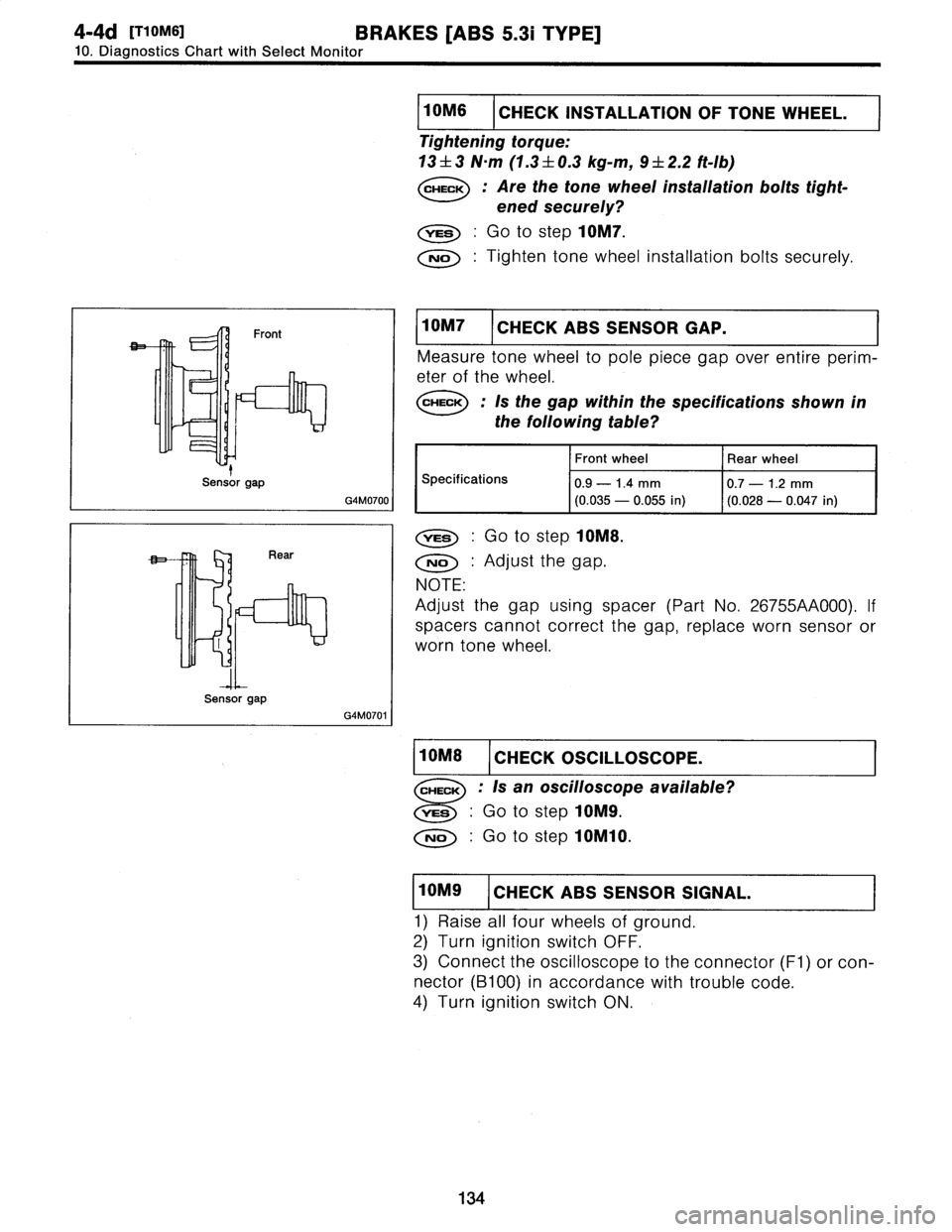 SUBARU LEGACY 1997  Service Repair Manual 
4-4d
[rionns1
BRAKES
[ABS
5
.31
TYPE]
10
.
Diagnostics
Chart
withSelect
Monitor

G4M0700
I

G4M0701
I

1
101111116
I
CHECK
INSTALLATION
OF
TONE
WHEEL
.

Tightening
torque
:

13
±
3
N~m
(1.3
f
0
.3
k
