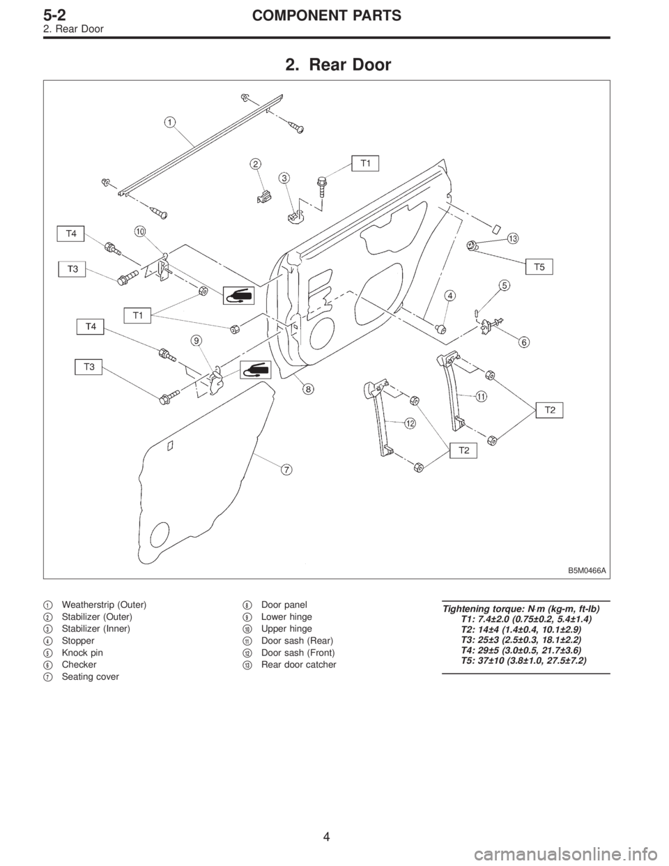 SUBARU LEGACY 1997  Service Repair Manual 2. Rear Door
B5M0466A
1Weatherstrip (Outer)

2Stabilizer (Outer)

3Stabilizer (Inner)

4Stopper

5Knock pin

6Checker

7Seating cover
8Door panel

9Lower hinge

10Upper hinge

11Door sash (