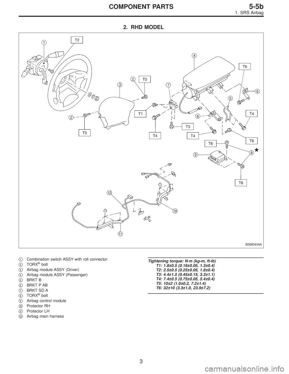 SUBARU LEGACY 1997  Service Repair Manual 2. RHD MODEL
B5M0434A
1Combination switch ASSY with roll connector

2TORX®bolt

3Airbag module ASSY (Driver)

4Airbag module ASSY (Passenger)

5BRKT B

6BRKT P AB

7BRKT SD A

8TORX®bolt

9
