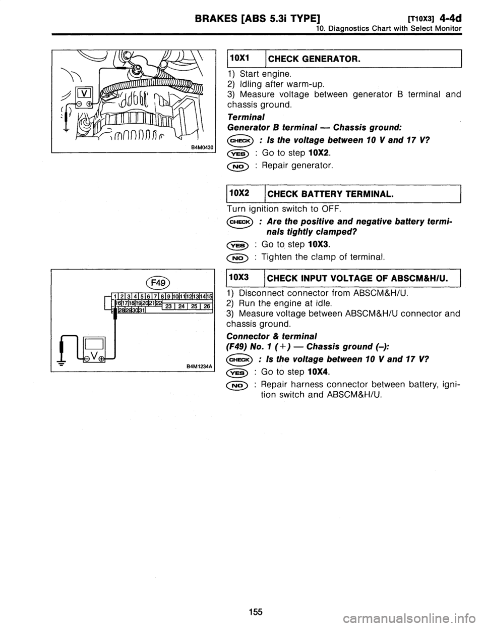SUBARU LEGACY 1997  Service Repair Manual 
BRAKES
[ABS
5
.31
TYPE]
[T1
0X3]
4-4d

10
.
Diagnostics
Chart
with
Select
Monitor

l

o

-
-
;mnnwr

B4M0430

F49

I,vC~j
84M
1234A
I

10X1
CHECKGENERATOR
.

1)
Start
engine
.

2)
Idling
after
warm-u