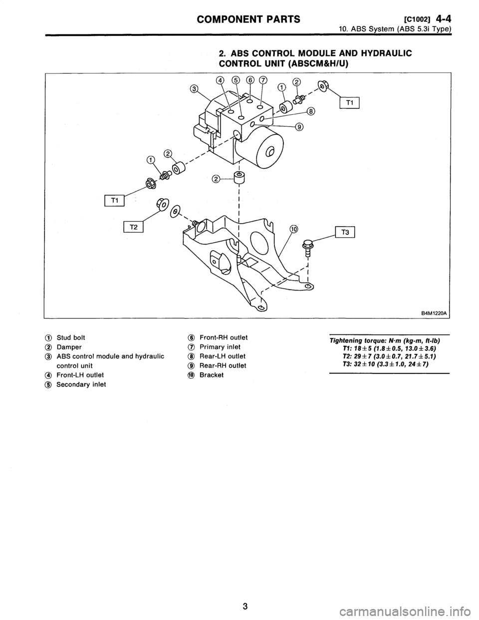 SUBARU LEGACY 1997  Service Repair Manual 
COMPONENT
PARTS
[c1oo21
4-4
10
.
ABS
System
(ABS
5
.3i
Type)

2
.
ABS
CONTROLMODULE
AND
HYDRAULIC

CONTROL
UNIT
(ABSCM&H/U)

0
0

T1
0
~

lJ`
T2

r~

T3

a
.i

B4M
1220A
,

1~
Stud
bolt
~6
Front-RH
