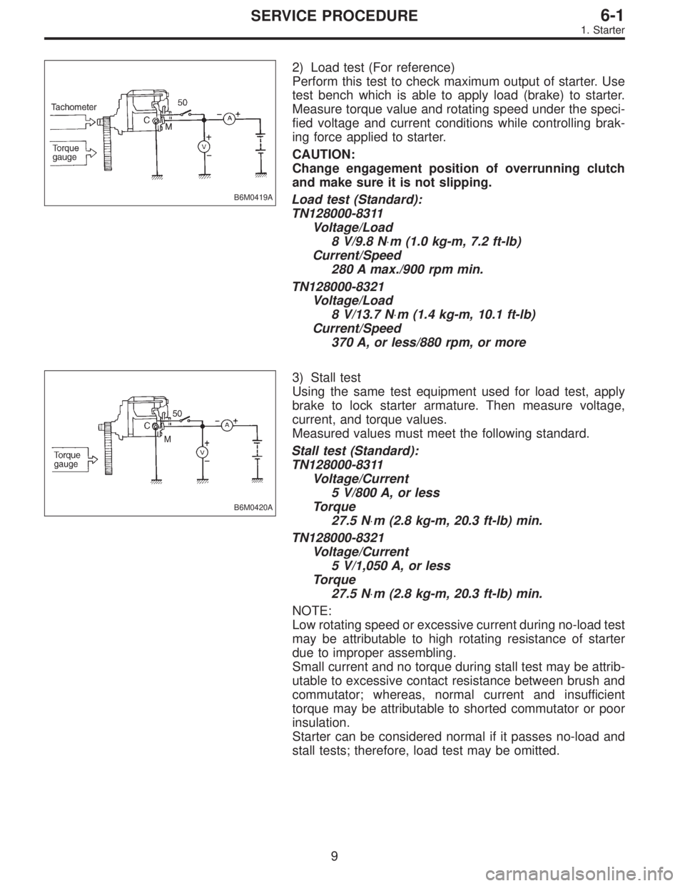 SUBARU LEGACY 1997  Service Repair Manual B6M0419A
2) Load test (For reference)
Perform this test to check maximum output of starter. Use
test bench which is able to apply load (brake) to starter.
Measure torque value and rotating speed under