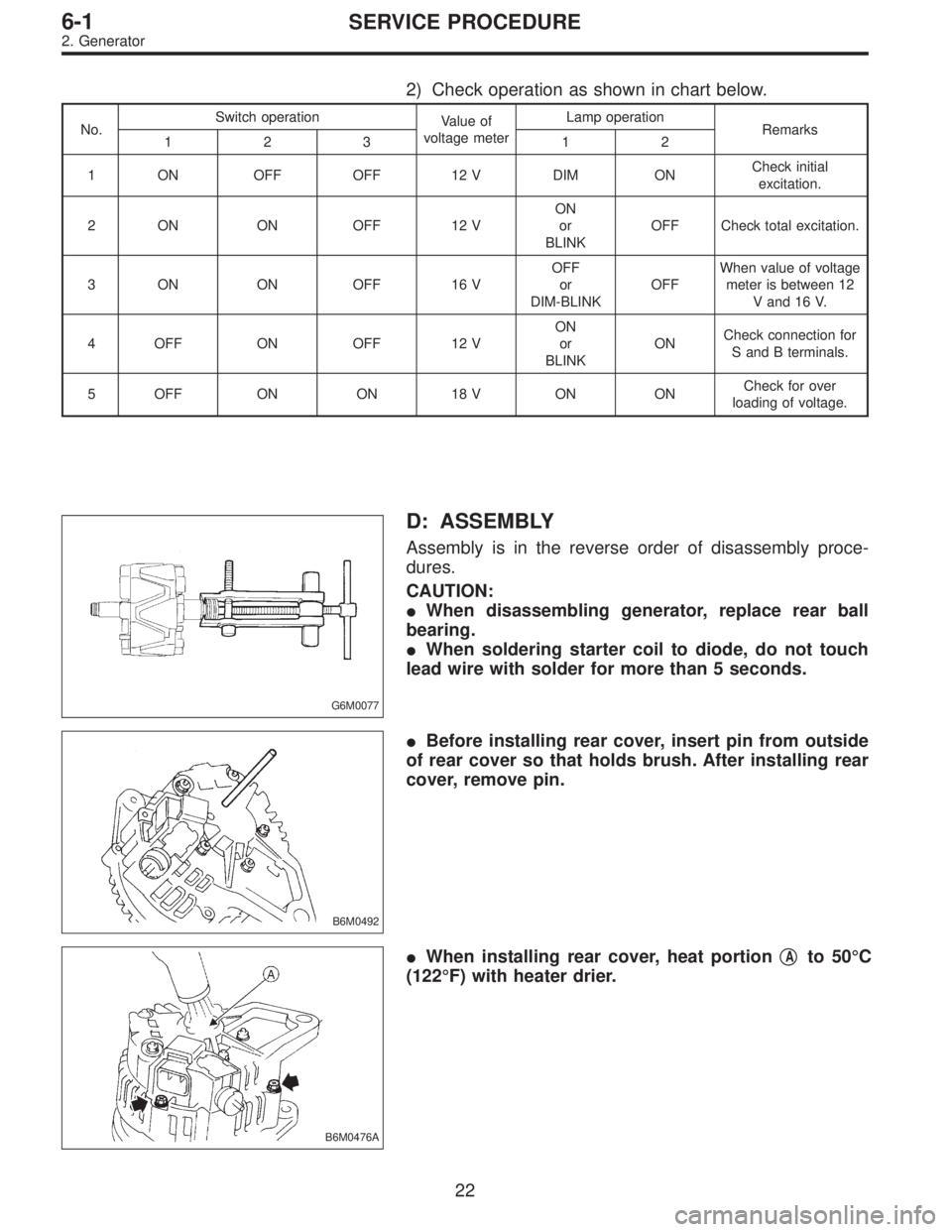 SUBARU LEGACY 1997  Service Repair Manual 2) Check operation as shown in chart below.
No.Switch operation
Value of
voltage meterLamp operation
Remarks
123 12
1 ON OFF OFF 12 V DIM ONCheck initial
excitation.
2 ON ON OFF 12 VON
or
BLINKOFF Che