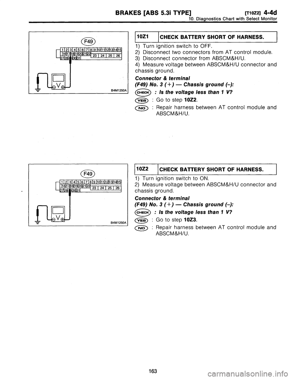 SUBARU LEGACY 1997  Service Repair Manual 
BRAKES
[ABS
5
.31
TYPE]
[T1
0Z2]
4-4d
10
.
Diagnostics
Chart
withSelect
Monitor

1021
CHECK
BATTERY
SHORT
OF
HARNESS

1)
Turn
ignition
switch
to
OFF
.

2)
Disconnect
two
connectors
from
AT
control
mo