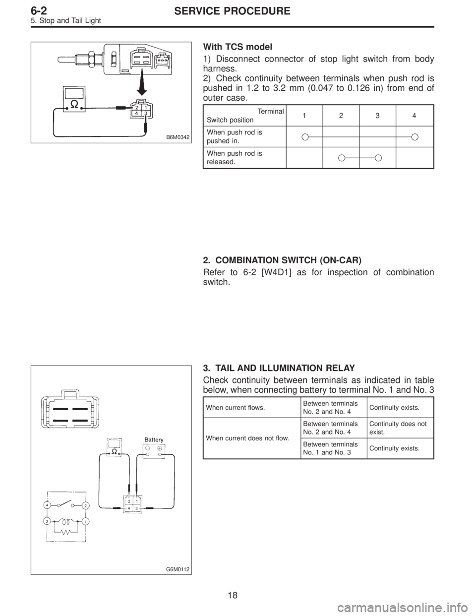 SUBARU LEGACY 1997  Service Repair Manual B6M0342
With TCS model
1) Disconnect connector of stop light switch from body
harness.
2) Check continuity between terminals when push rod is
pushed in 1.2 to 3.2 mm (0.047 to 0.126 in) from end of
ou