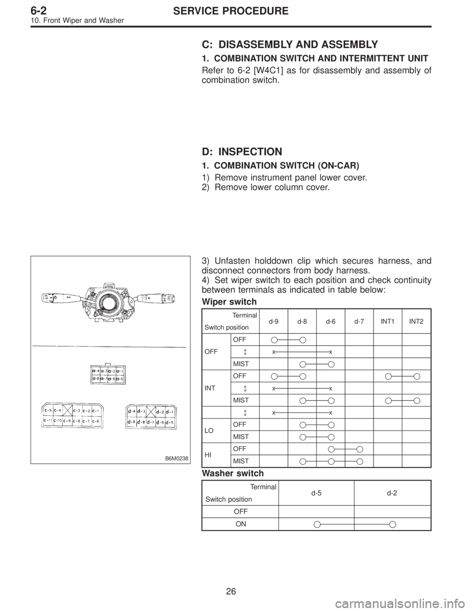 SUBARU LEGACY 1997  Service Repair Manual C: DISASSEMBLY AND ASSEMBLY
1. COMBINATION SWITCH AND INTERMITTENT UNIT
Refer to 6-2 [W4C1] as for disassembly and assembly of
combination switch.
D: INSPECTION
1. COMBINATION SWITCH (ON-CAR)
1) Remov