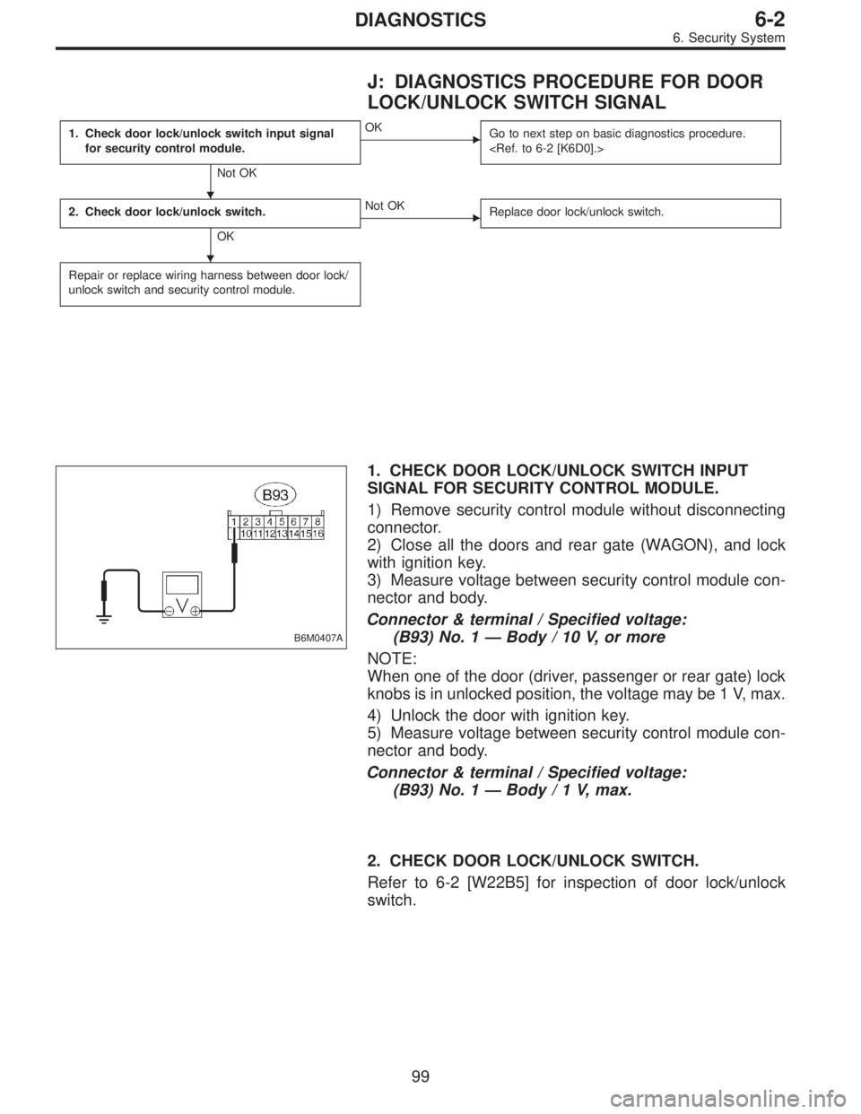 SUBARU LEGACY 1997  Service Repair Manual J: DIAGNOSTICS PROCEDURE FOR DOOR
LOCK/UNLOCK SWITCH SIGNAL
1. Check door lock/unlock switch input signal
for security control module.
Not OK
OK
Go to next step on basic diagnostics procedure.
<Ref. 