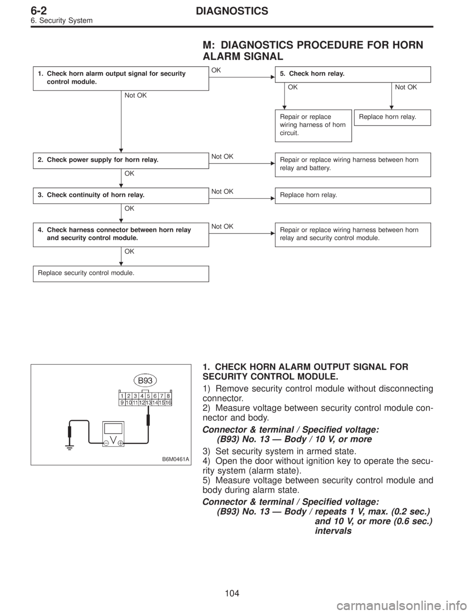 SUBARU LEGACY 1997  Service Repair Manual M: DIAGNOSTICS PROCEDURE FOR HORN
ALARM SIGNAL
1. Check horn alarm output signal for security
control module.
Not OK
OK
5. Check horn relay.
OK Not OK
Repair or replace
wiring harness of horn
circuit