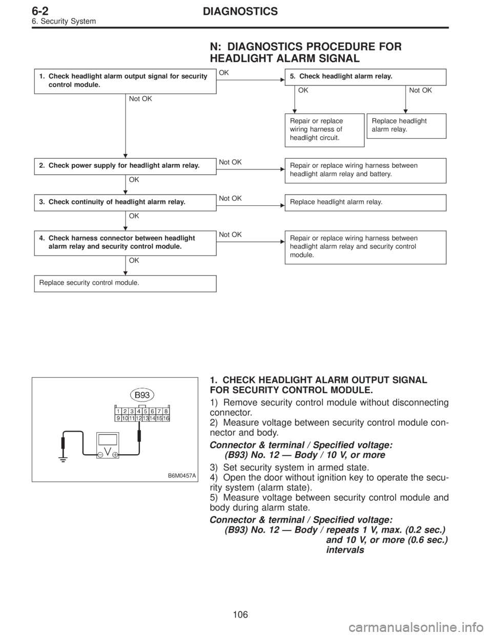 SUBARU LEGACY 1997  Service Repair Manual N: DIAGNOSTICS PROCEDURE FOR
HEADLIGHT ALARM SIGNAL
1. Check headlight alarm output signal for security
control module.
Not OK
OK
5. Check headlight alarm relay.
OK Not OK
Repair or replace
wiring ha