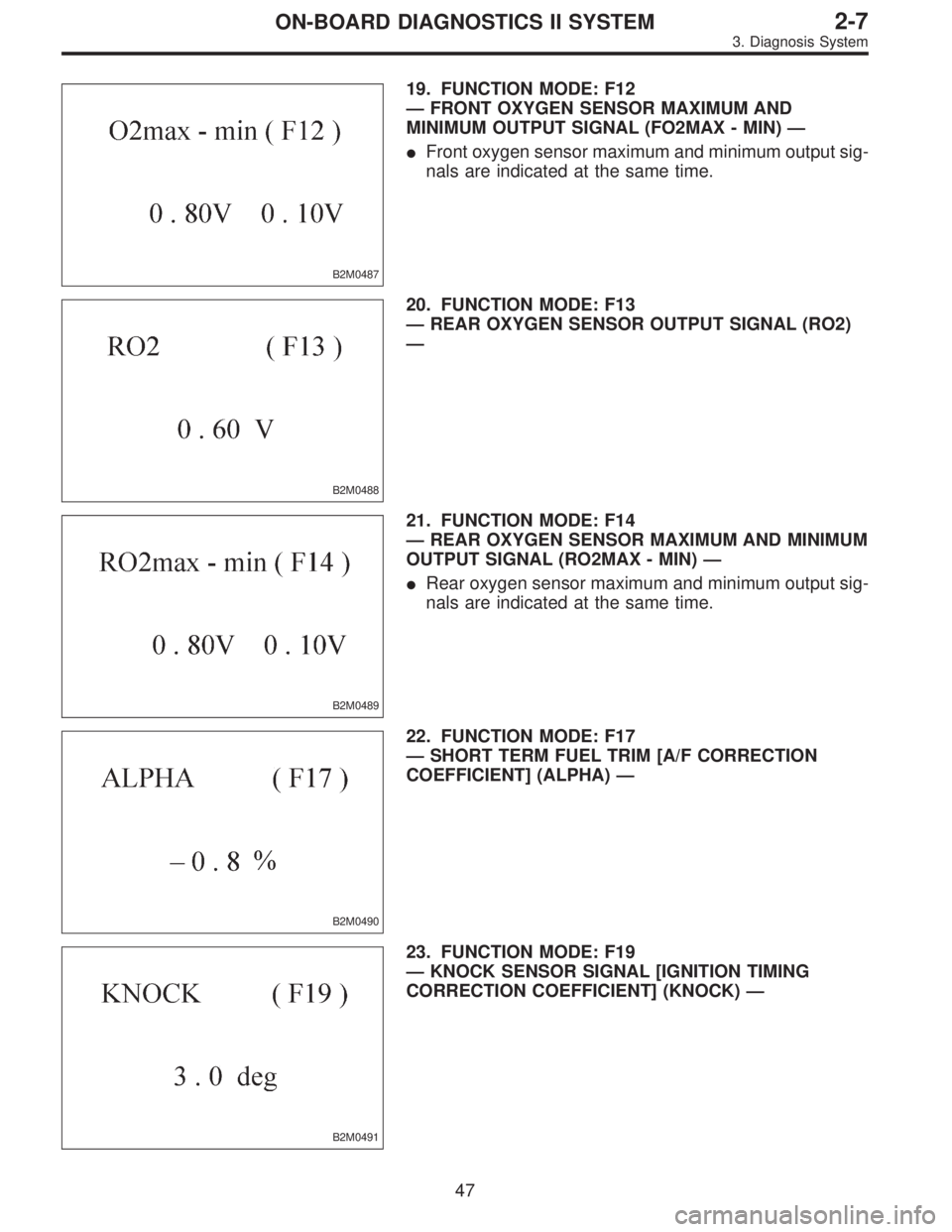 SUBARU LEGACY 1997  Service Repair Manual B2M0487
19. FUNCTION MODE: F12
—FRONT OXYGEN SENSOR MAXIMUM AND
MINIMUM OUTPUT SIGNAL (FO2MAX - MIN)—
Front oxygen sensor maximum and minimum output sig-
nals are indicated at the same time.
B2M0