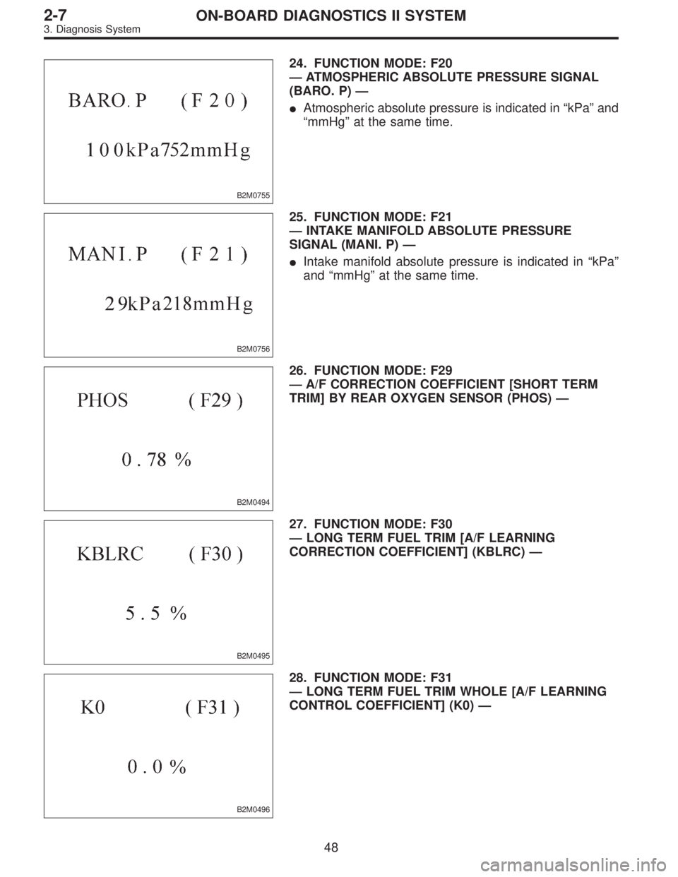 SUBARU LEGACY 1997  Service Repair Manual B2M0755
24. FUNCTION MODE: F20
—ATMOSPHERIC ABSOLUTE PRESSURE SIGNAL
(BARO. P)—
Atmospheric absolute pressure is indicated in“kPa”and
“mmHg”at the same time.
B2M0756
25. FUNCTION MODE: F2