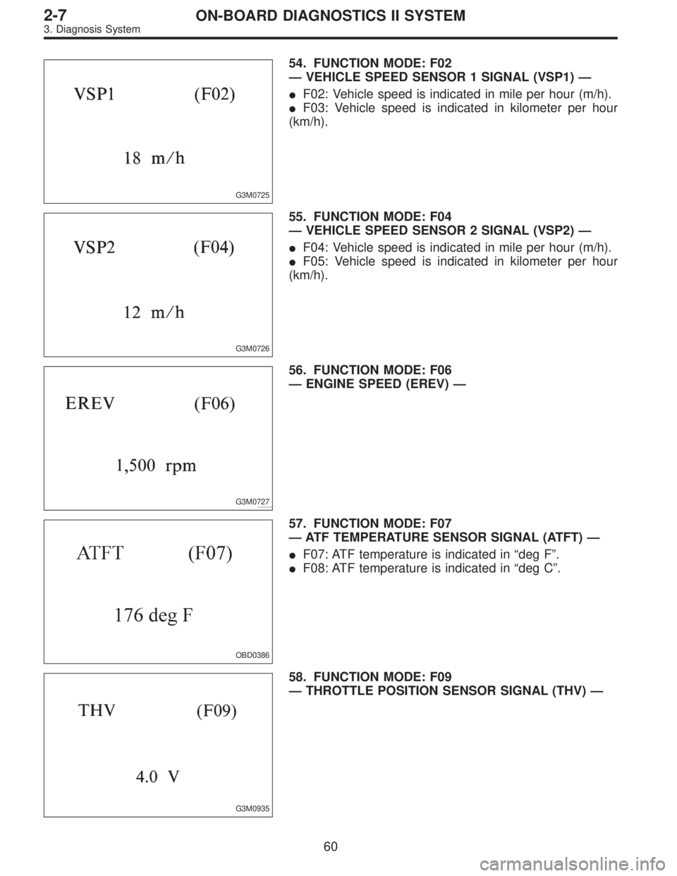 SUBARU LEGACY 1997  Service Repair Manual G3M0725
54. FUNCTION MODE: F02
—VEHICLE SPEED SENSOR 1 SIGNAL (VSP1)—
F02: Vehicle speed is indicated in mile per hour (m/h).
F03: Vehicle speed is indicated in kilometer per hour
(km/h).
G3M072
