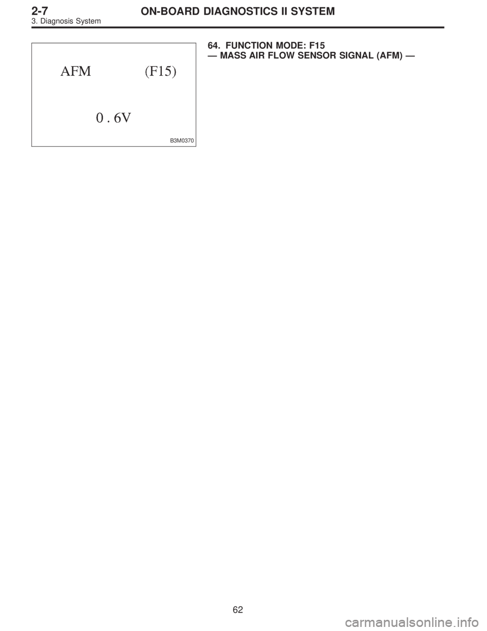 SUBARU LEGACY 1997  Service Repair Manual B3M0370
64. FUNCTION MODE: F15
—MASS AIR FLOW SENSOR SIGNAL (AFM)—
62
2-7ON-BOARD DIAGNOSTICS II SYSTEM
3. Diagnosis System  
