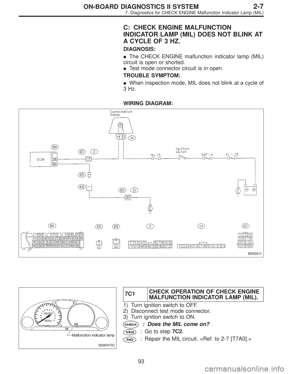 SUBARU LEGACY 1997  Service Repair Manual C: CHECK ENGINE MALFUNCTION
INDICATOR LAMP (MIL) DOES NOT BLINK AT
A CYCLE OF 3 HZ.
DIAGNOSIS:
The CHECK ENGINE malfunction indicator lamp (MIL)
circuit is open or shorted.
Test mode connector circu