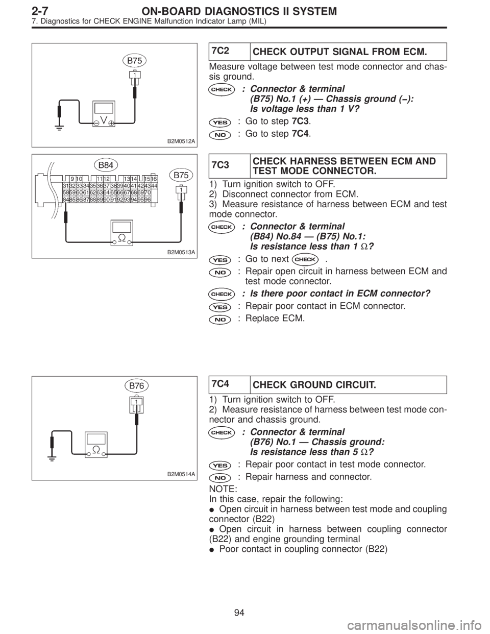 SUBARU LEGACY 1997  Service Repair Manual B2M0512A
7C2
CHECK OUTPUT SIGNAL FROM ECM.
Measure voltage between test mode connector and chas-
sis ground.
: Connector & terminal
(B75) No.1 (+)—Chassis ground (�):
Is voltage less than 1 V?
: Go 