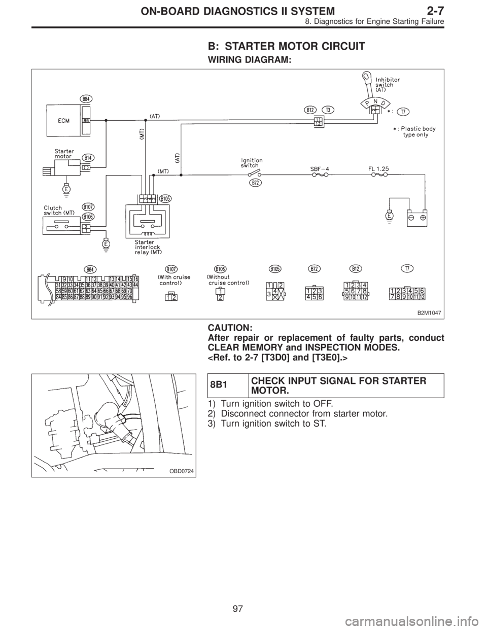 SUBARU LEGACY 1997  Service Repair Manual B: STARTER MOTOR CIRCUIT
WIRING DIAGRAM:
B2M1047
CAUTION:
After repair or replacement of faulty parts, conduct
CLEAR MEMORY and INSPECTION MODES.
<Ref. to 2-7 [T3D0] and [T3E0].>
OBD0724
8B1CHECK INPU