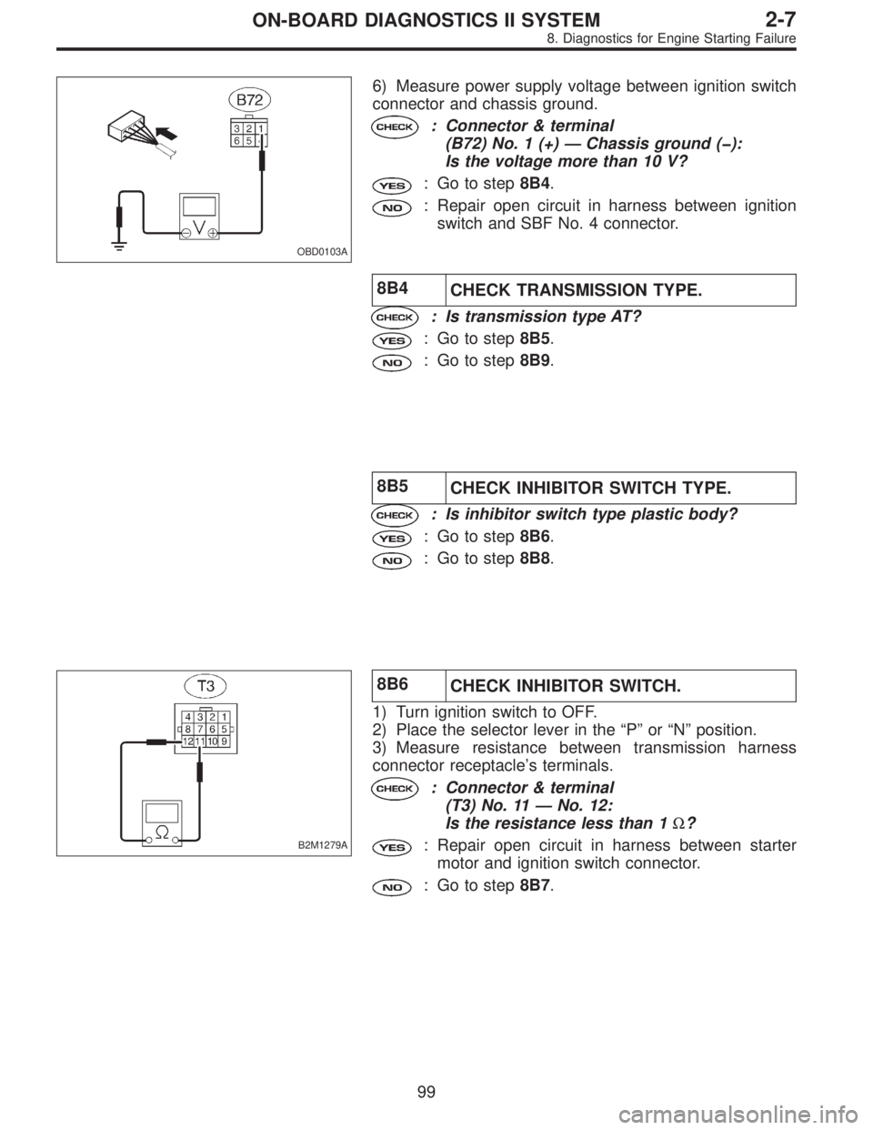 SUBARU LEGACY 1997  Service Repair Manual OBD0103A
6) Measure power supply voltage between ignition switch
connector and chassis ground.
: Connector & terminal
(B72) No. 1 (+)—Chassis ground (�):
Is the voltage more than 10 V?
: Go to step8
