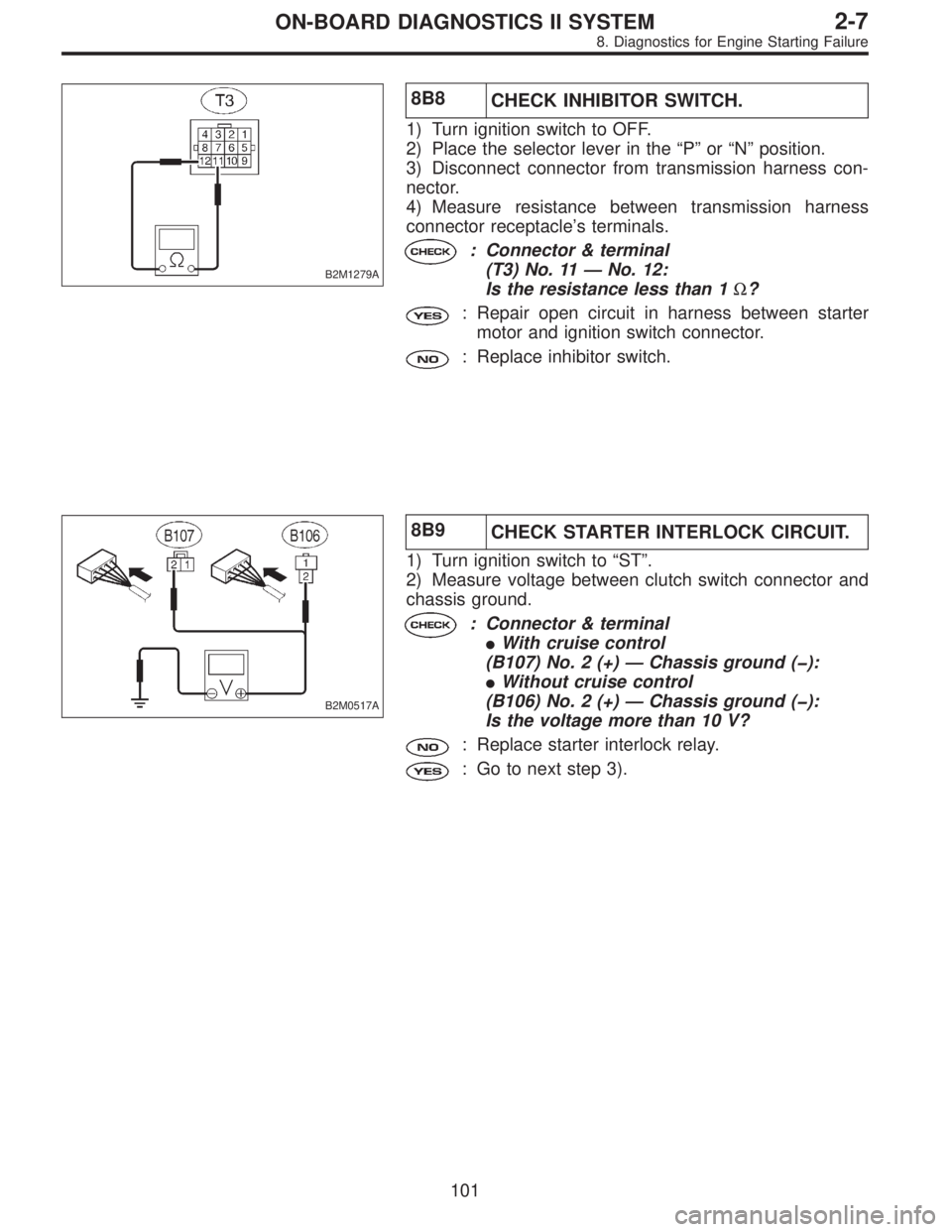 SUBARU LEGACY 1997  Service Repair Manual B2M1279A
8B8
CHECK INHIBITOR SWITCH.
1) Turn ignition switch to OFF.
2) Place the selector lever in the“P”or“N”position.
3) Disconnect connector from transmission harness con-
nector.
4) Measu