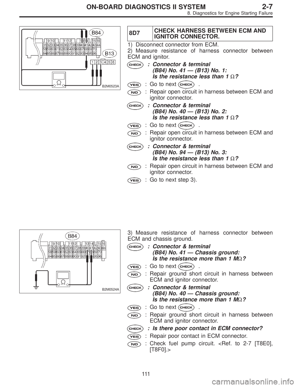 SUBARU LEGACY 1997 Service Repair Manual B2M0523A
8D7CHECK HARNESS BETWEEN ECM AND
IGNITOR CONNECTOR.
1) Disconnect connector from ECM.
2) Measure resistance of harness connector between
ECM and ignitor.
: Connector & terminal
(B84) No. 41 SUBARU LEGACY 1997 Service Repair Manual B2M0523A
8D7CHECK HARNESS BETWEEN ECM AND
IGNITOR CONNECTOR.
1) Disconnect connector from ECM.
2) Measure resistance of harness connector between
ECM and ignitor.
: Connector & terminal
(B84) No. 41
